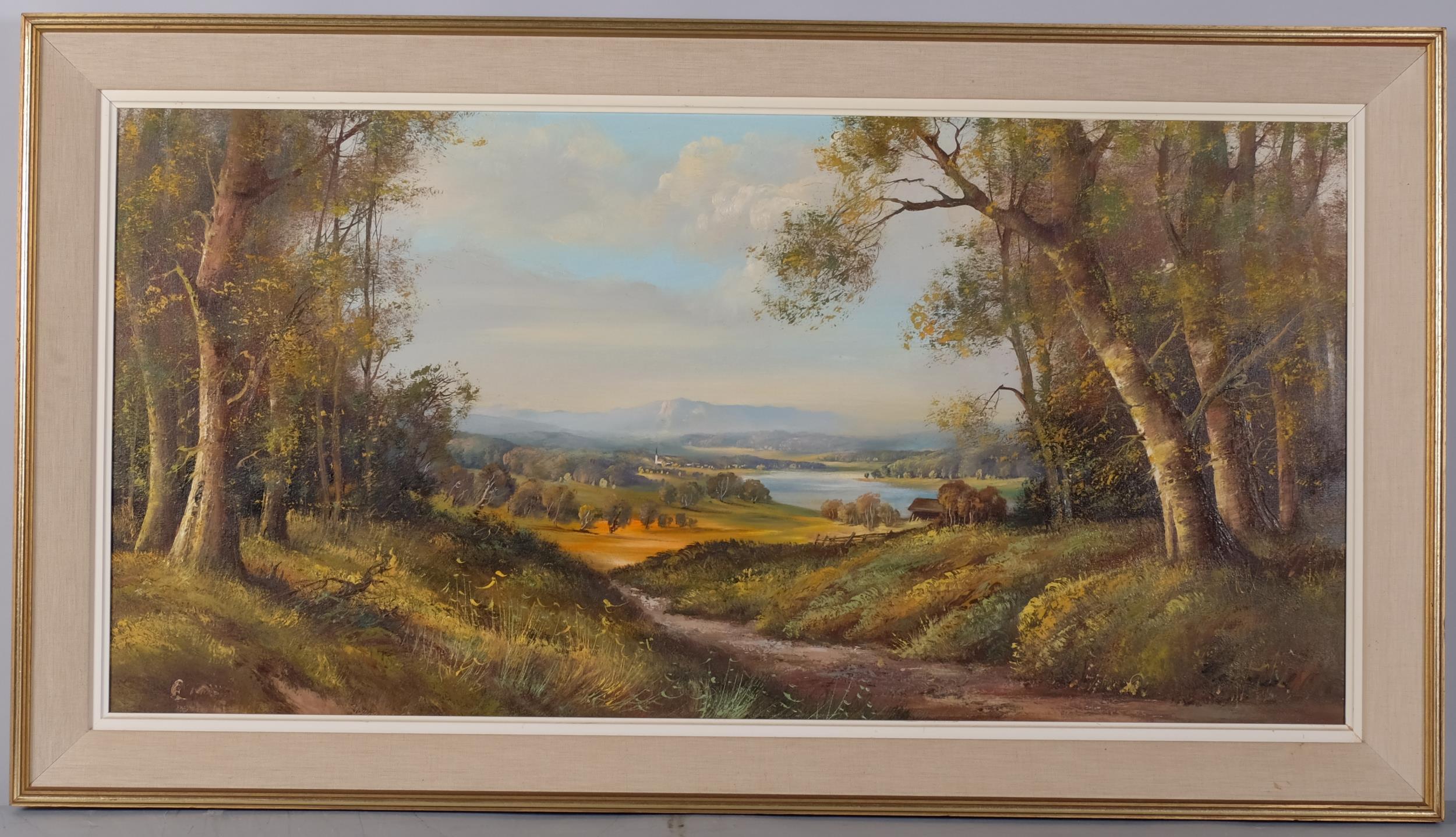 Charles Fander, path down the valley, oil on canvas, 51cm x 101cm, framed, provenance: Stacy-Marks