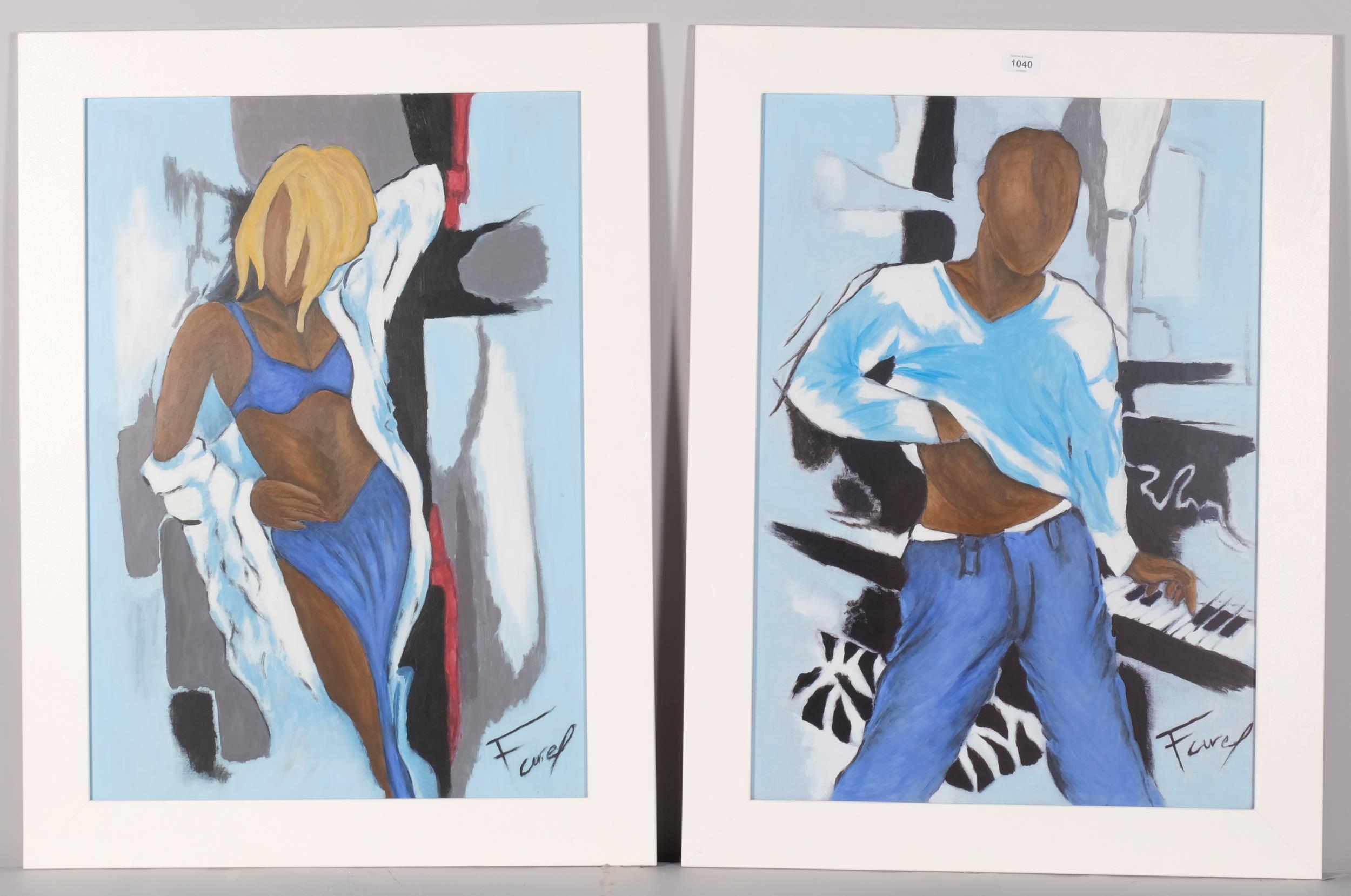 Pierre Farel (born 1957), figure study, pair of watercolour over printed base, signed, 69cm x