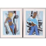 Pierre Farel (born 1957), figure study, pair of watercolour over printed base, signed, 69cm x