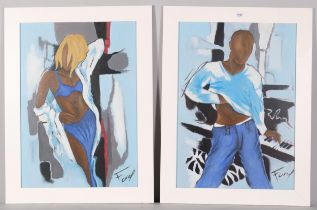 Pierre Farel (born 1957), figure study, pair of watercolour over printed base, signed, 69cm x
