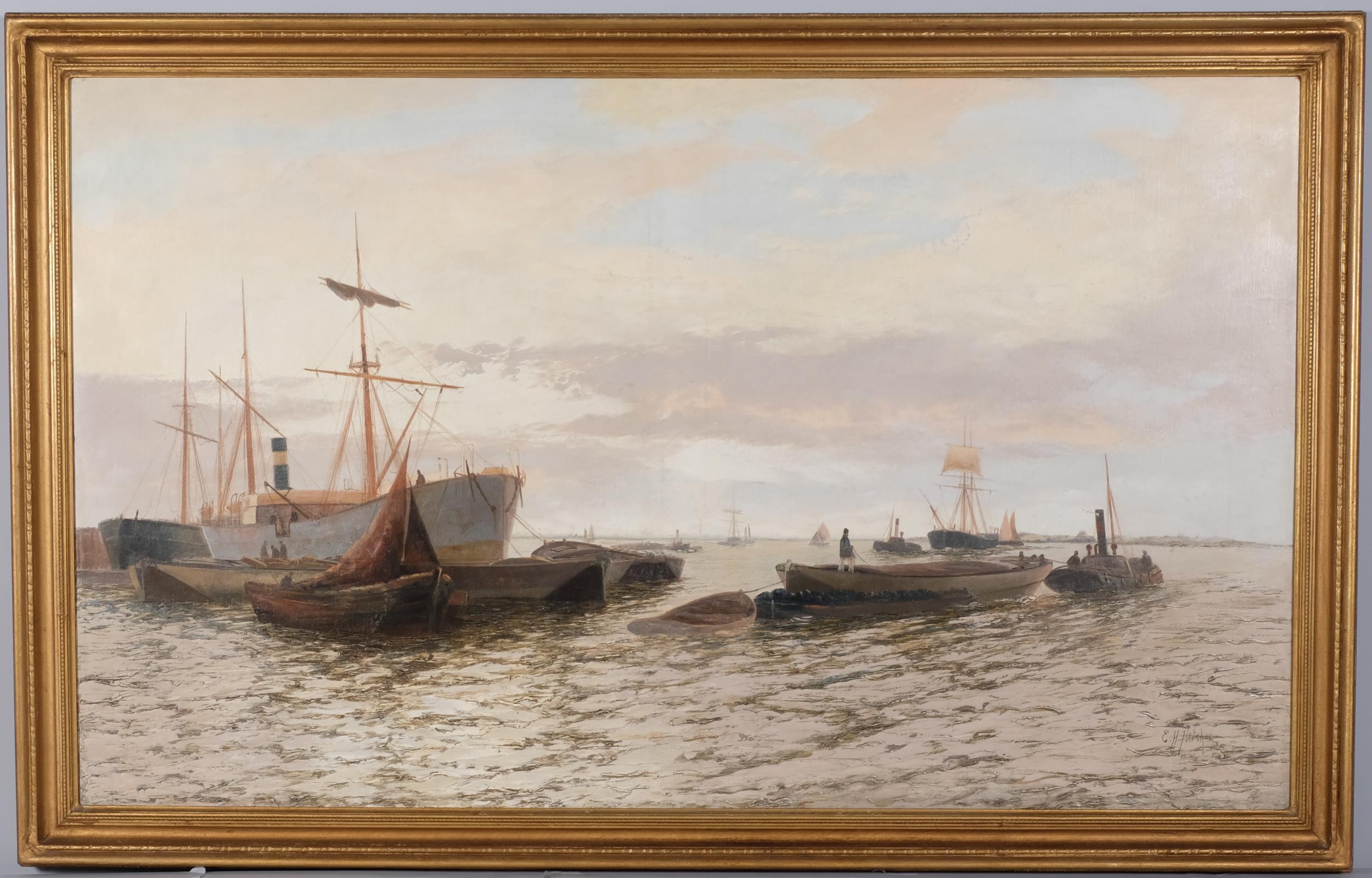 Edwin Fletcher (1857 - 1945), busy harbour scene, oil on canvas, signed, 76cm x 127cm, framed Canvas