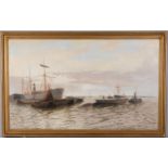 Edwin Fletcher (1857 - 1945), busy harbour scene, oil on canvas, signed, 76cm x 127cm, framed Canvas