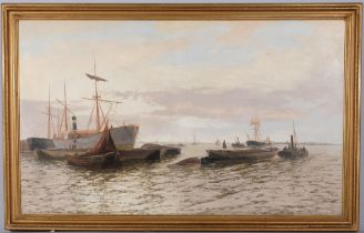 Edwin Fletcher (1857 - 1945), busy harbour scene, oil on canvas, signed, 76cm x 127cm, framed Canvas