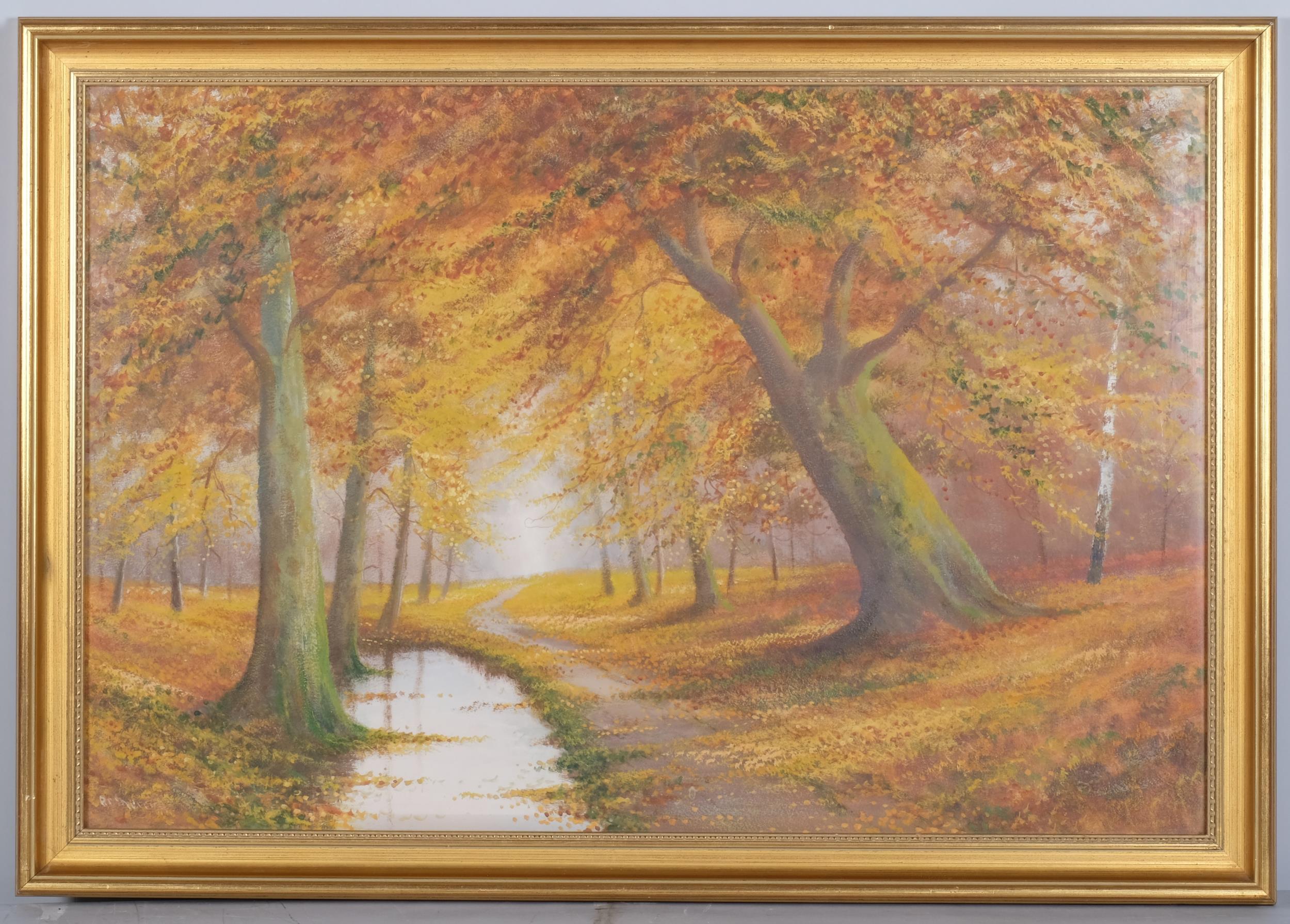 Autumnal woodland scene, 20th century oil on board, indistinctly signed, 50cm x 75cm, framed and