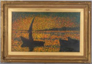Pointilist sunset seascape, 20th century oil on canvas, unsigned, 35cm x 60cm, framed and glazed