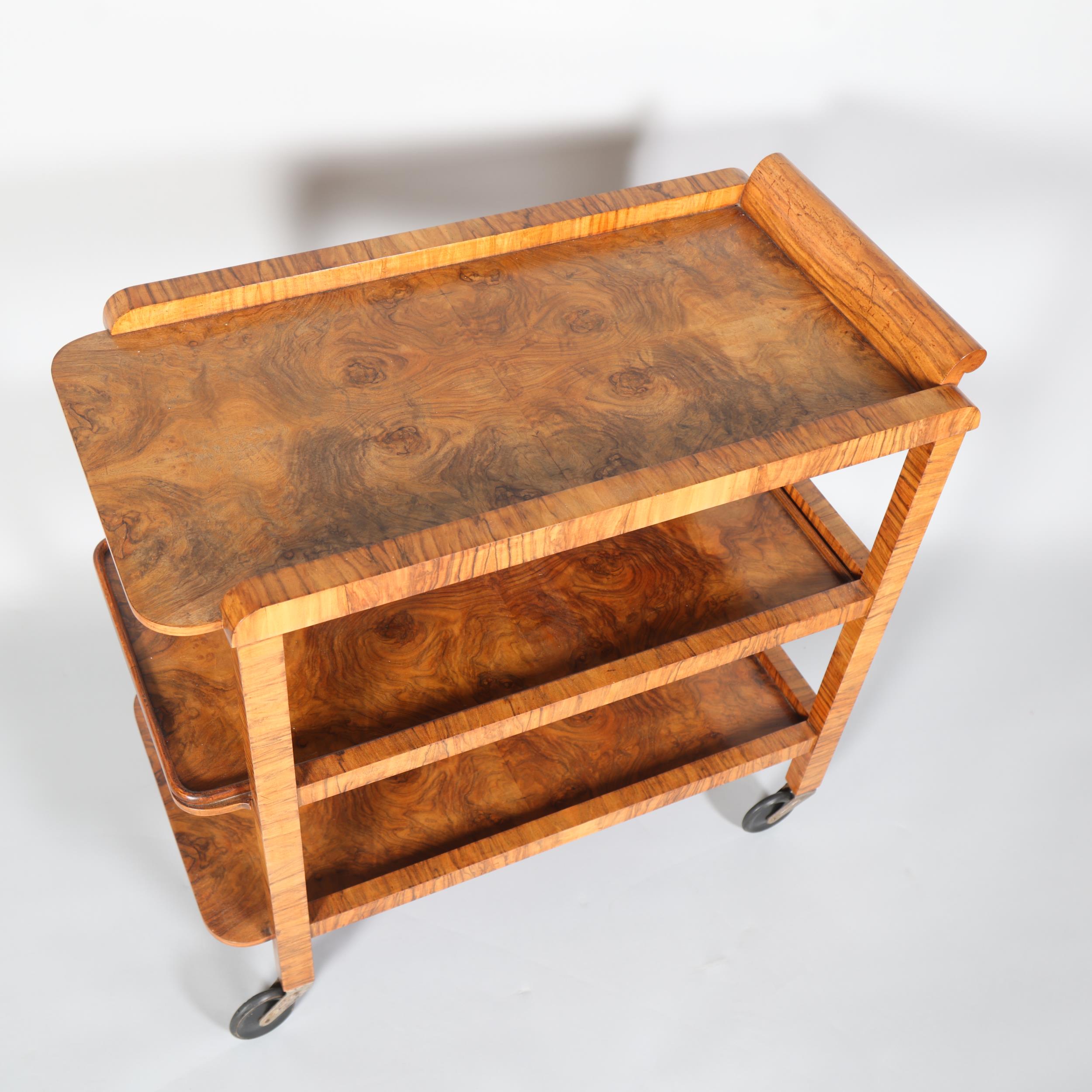 Art Deco burr-walnut 3-tier cocktail trolley, circa 1920s, 78cm x 41cm Good original condition - Image 2 of 4