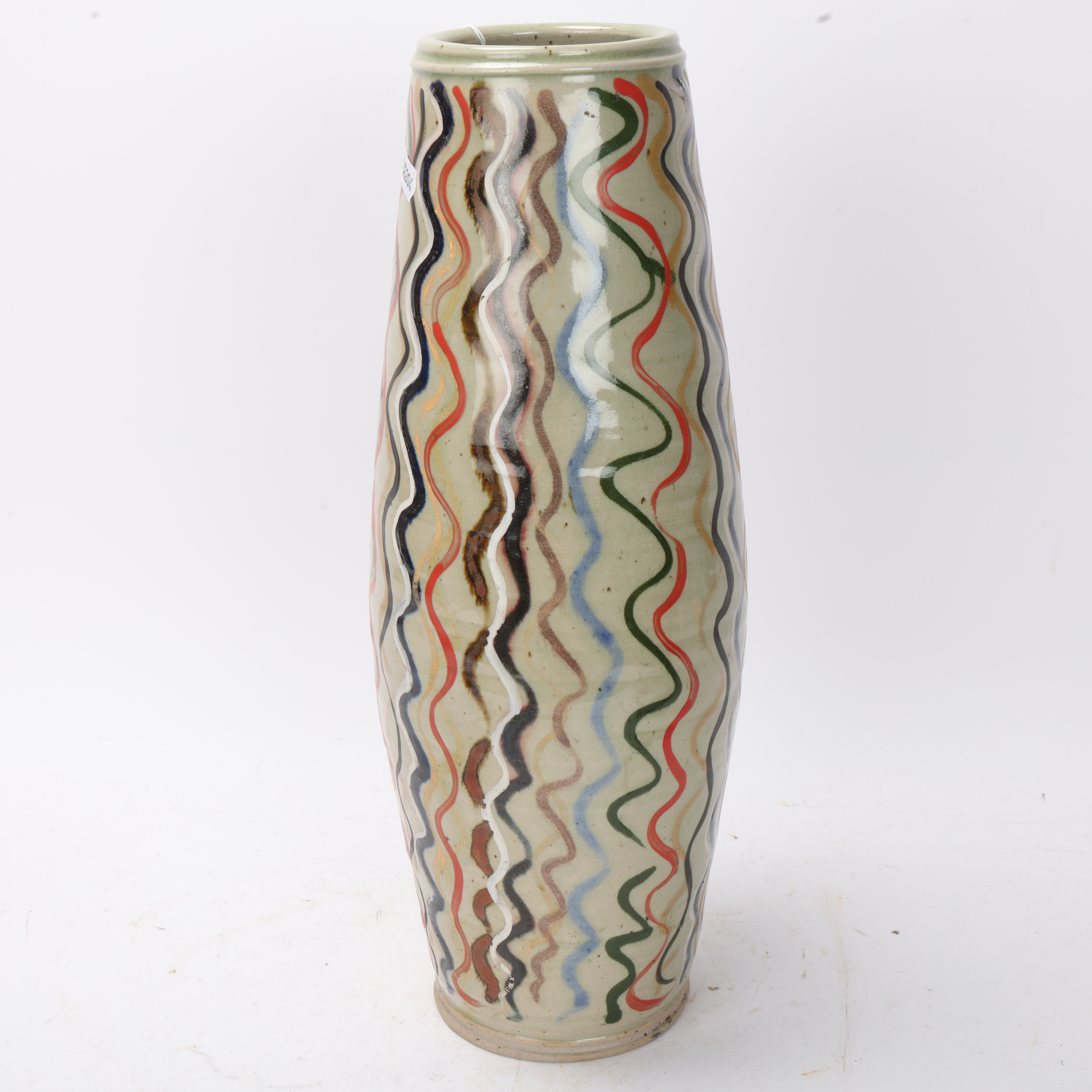 A large studio pottery stoneware barrel vase, with resist, slip and enamel decoration, marked to - Image 2 of 3