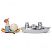 2 Art Deco novelty cruets, comprising Goebels ceramic golfing cruet, length 12.5cm, and chrome plate