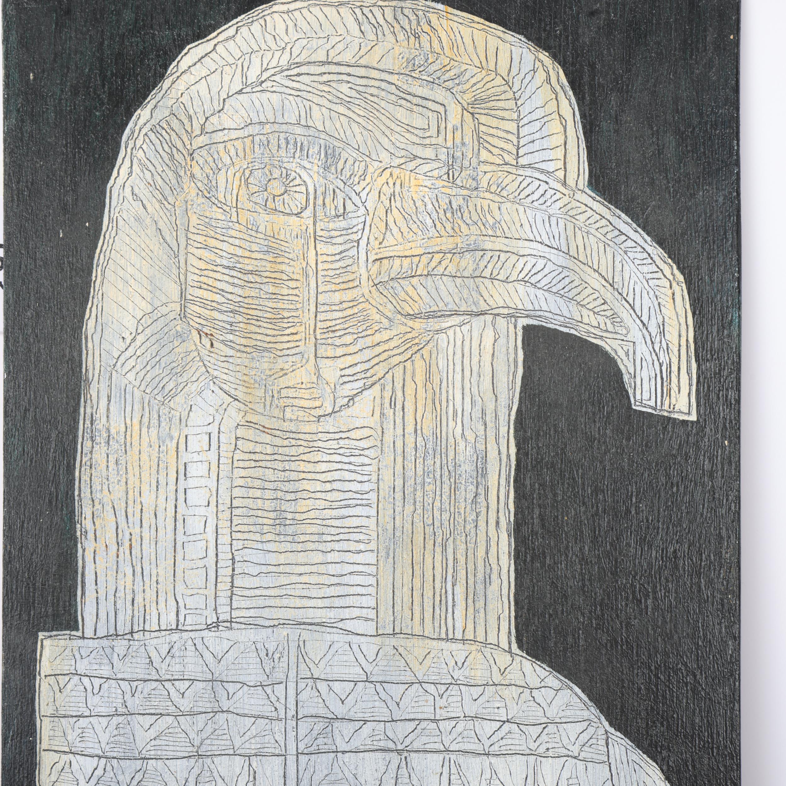 WILLIAM WALLACE, "Bird Karma", 1991, oil and ink on board, a sgaffitto image based on a Senufo - Image 2 of 3