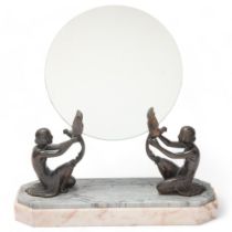 Art Deco spelter and marble dressing table mirror, circa 1920, supported by girls with exotic
