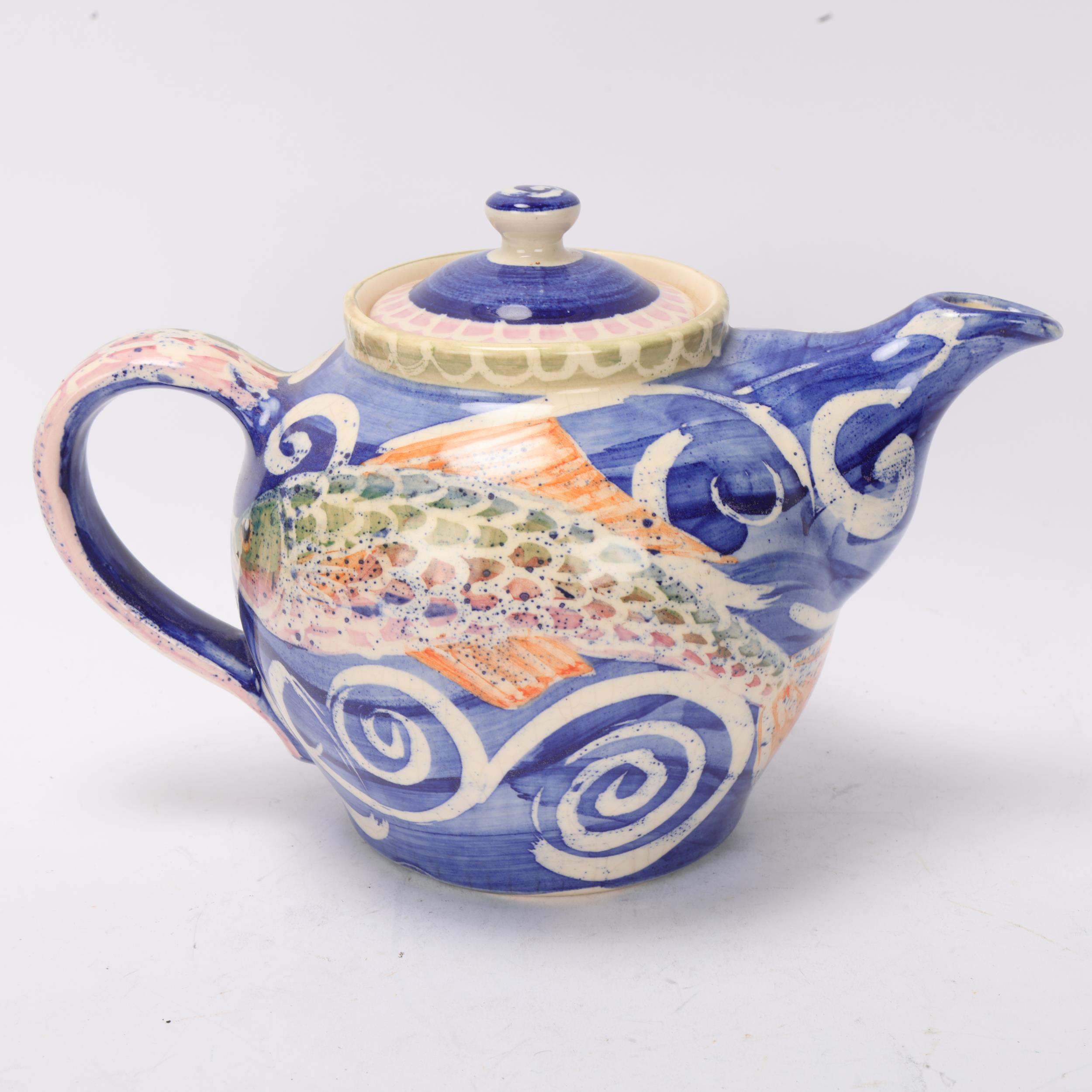 An Iden, East Sussex Delftware teapot, hand painted Mermaid and fish glaze, makers mark and signed - Image 2 of 3