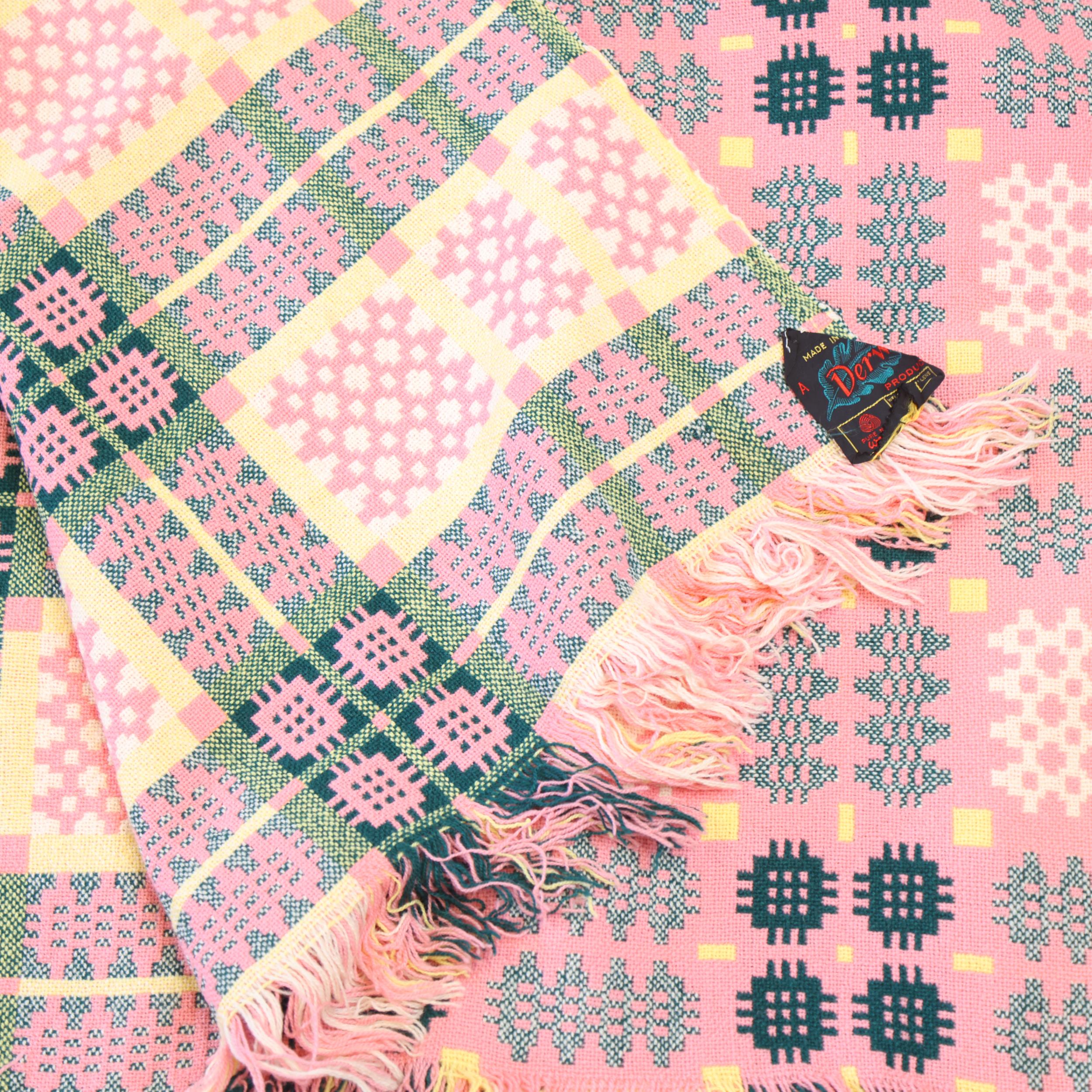 A Welsh Blanket, reversible in pink/yellow/green wool, makers label for Drew Product, 240 x 160cm - Image 2 of 3