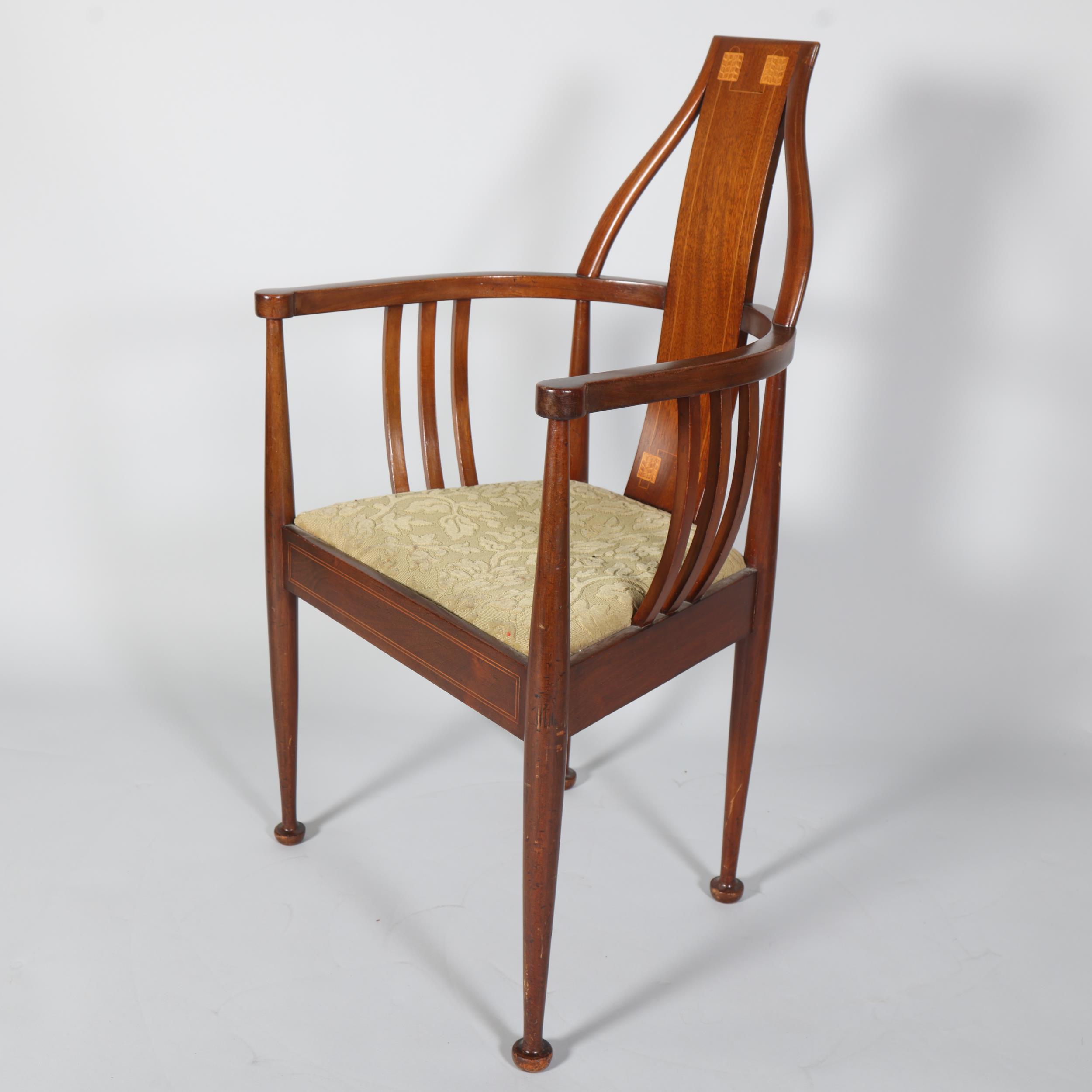 Scottish Art Nouveau mahogany bow-arm hall chair, with marquetry inlaid back, height 97cm - Image 3 of 5