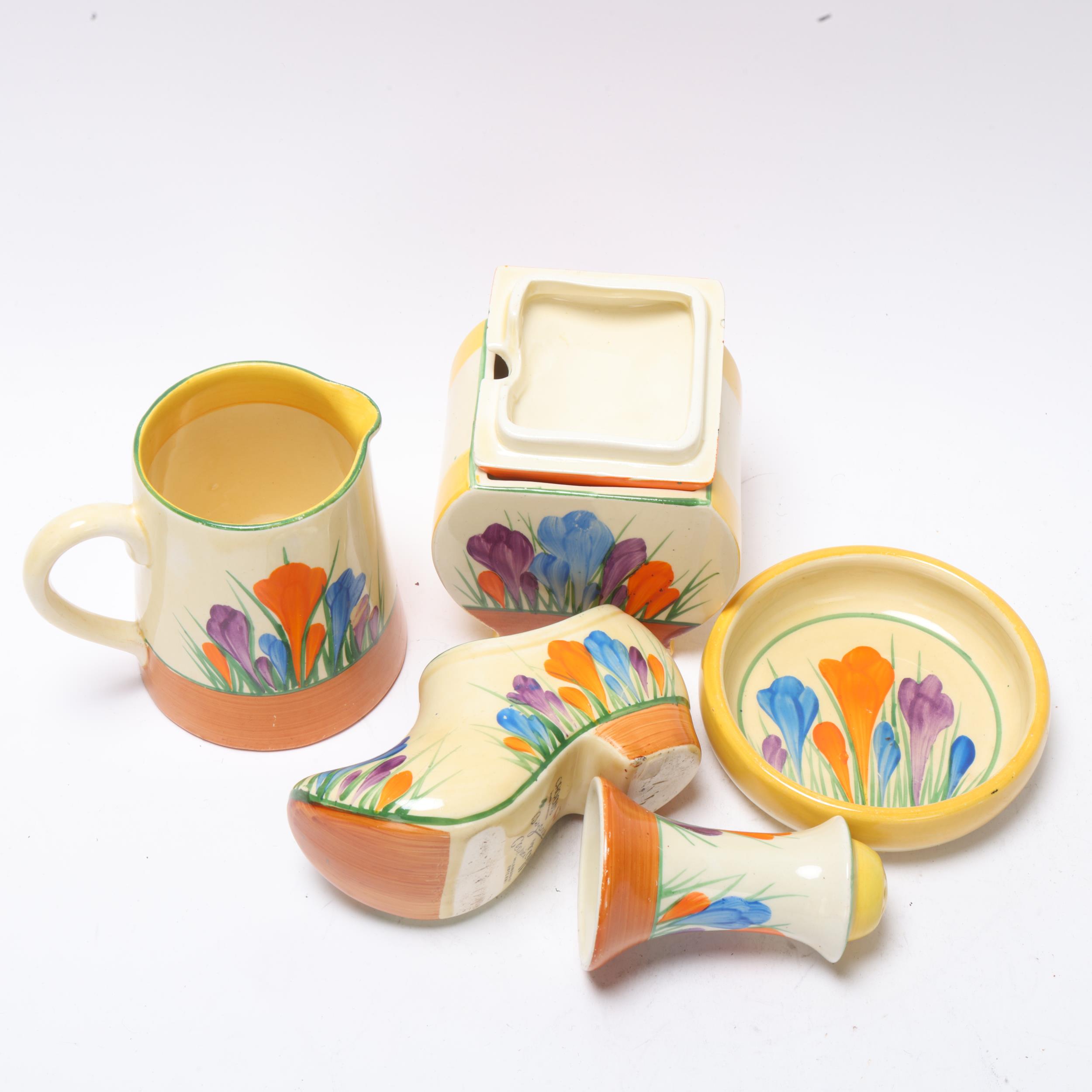 Clarice Cliff Bizarre Crocus pattern, small group of items, including a preserve pot and cover, - Image 2 of 3