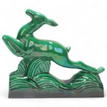 Sainte-Radegonde, Art Deco green glaze pottery leaping deer, impressed marks under base, length