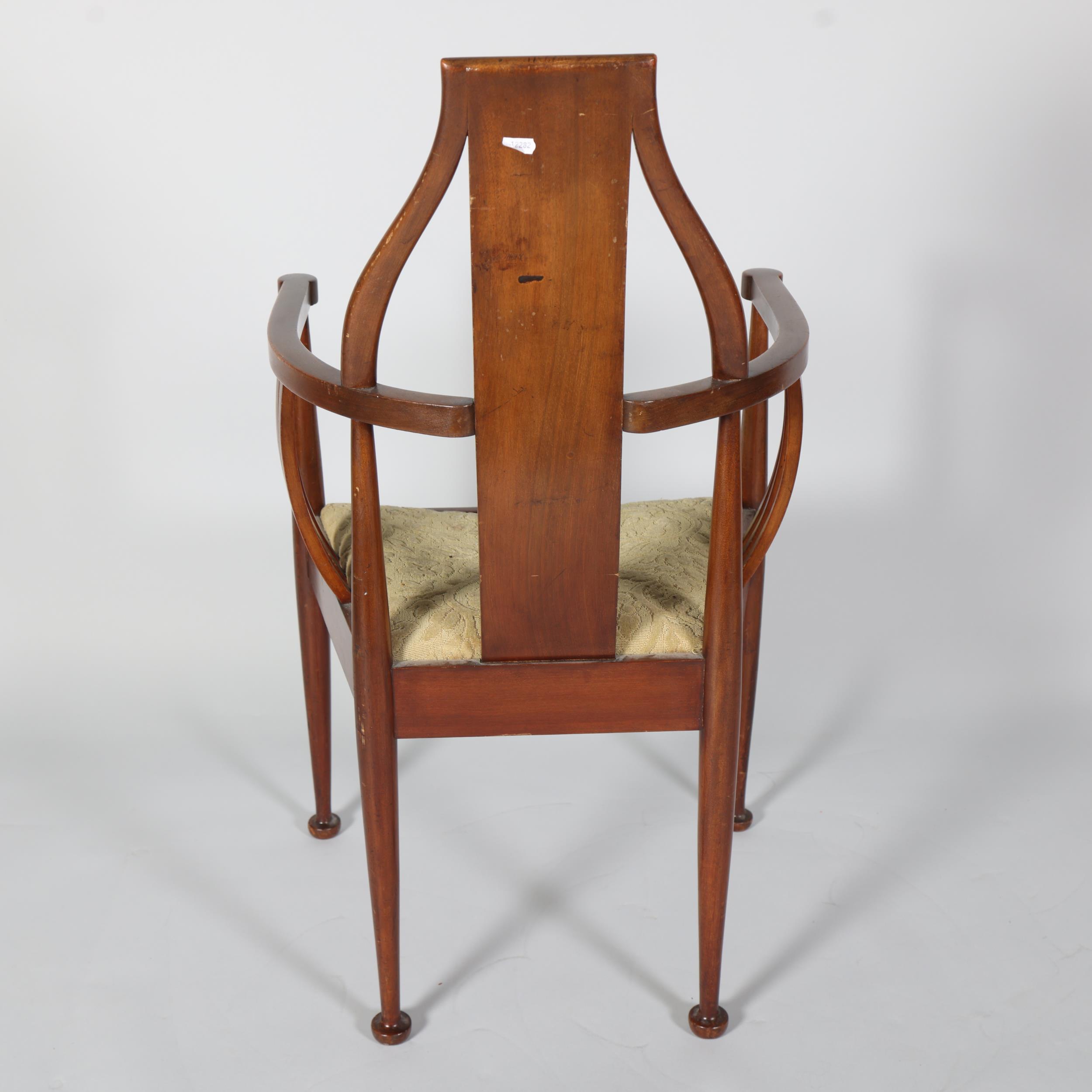 Scottish Art Nouveau mahogany bow-arm hall chair, with marquetry inlaid back, height 97cm - Image 4 of 5