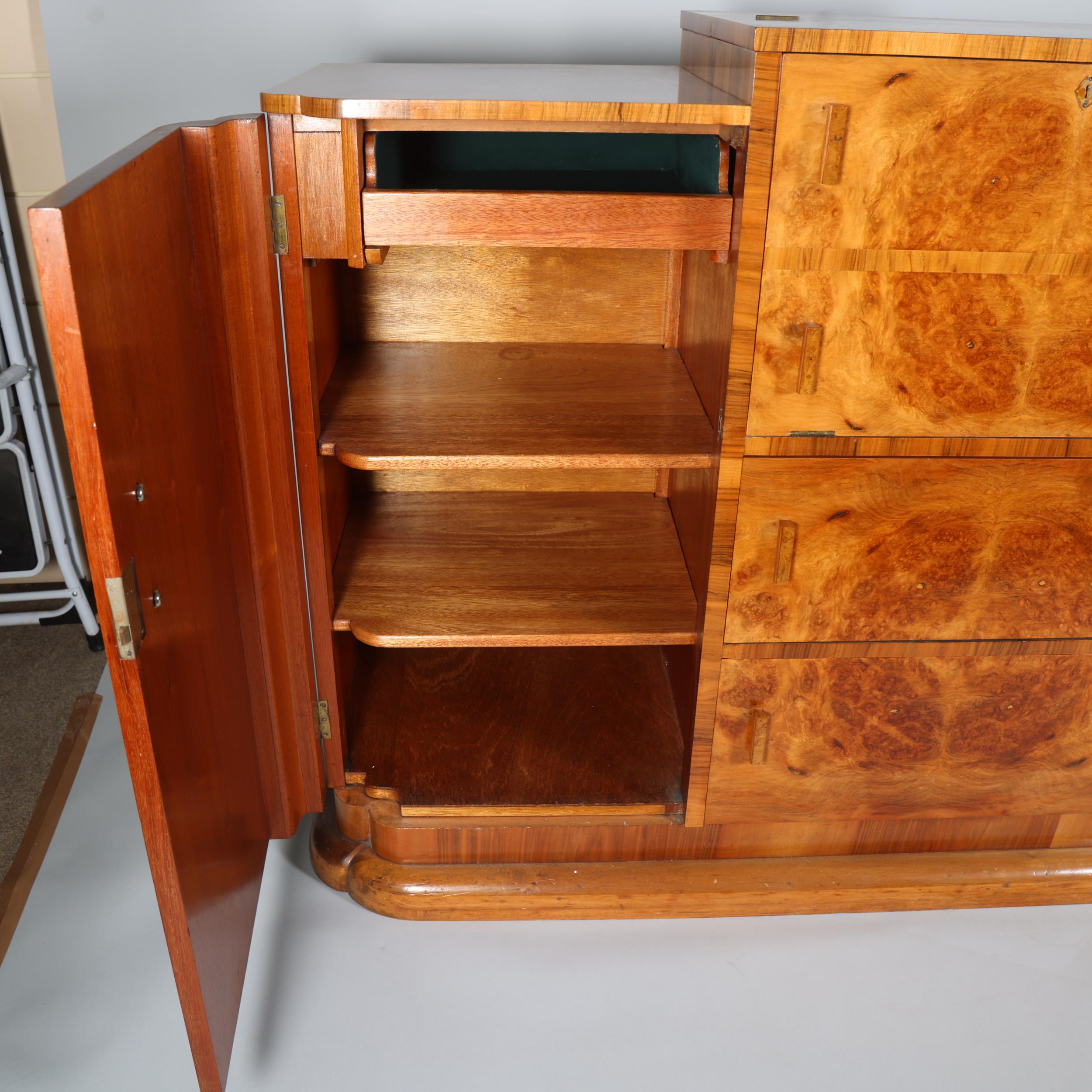 Art Deco burr-walnut cocktail cabinet, circa 1920s, central cocktail fall-front with rising top - Image 5 of 13