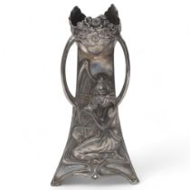 WMF Art Nouveau electroplate vase of triangular section, with figure in high relief and 3 handles,