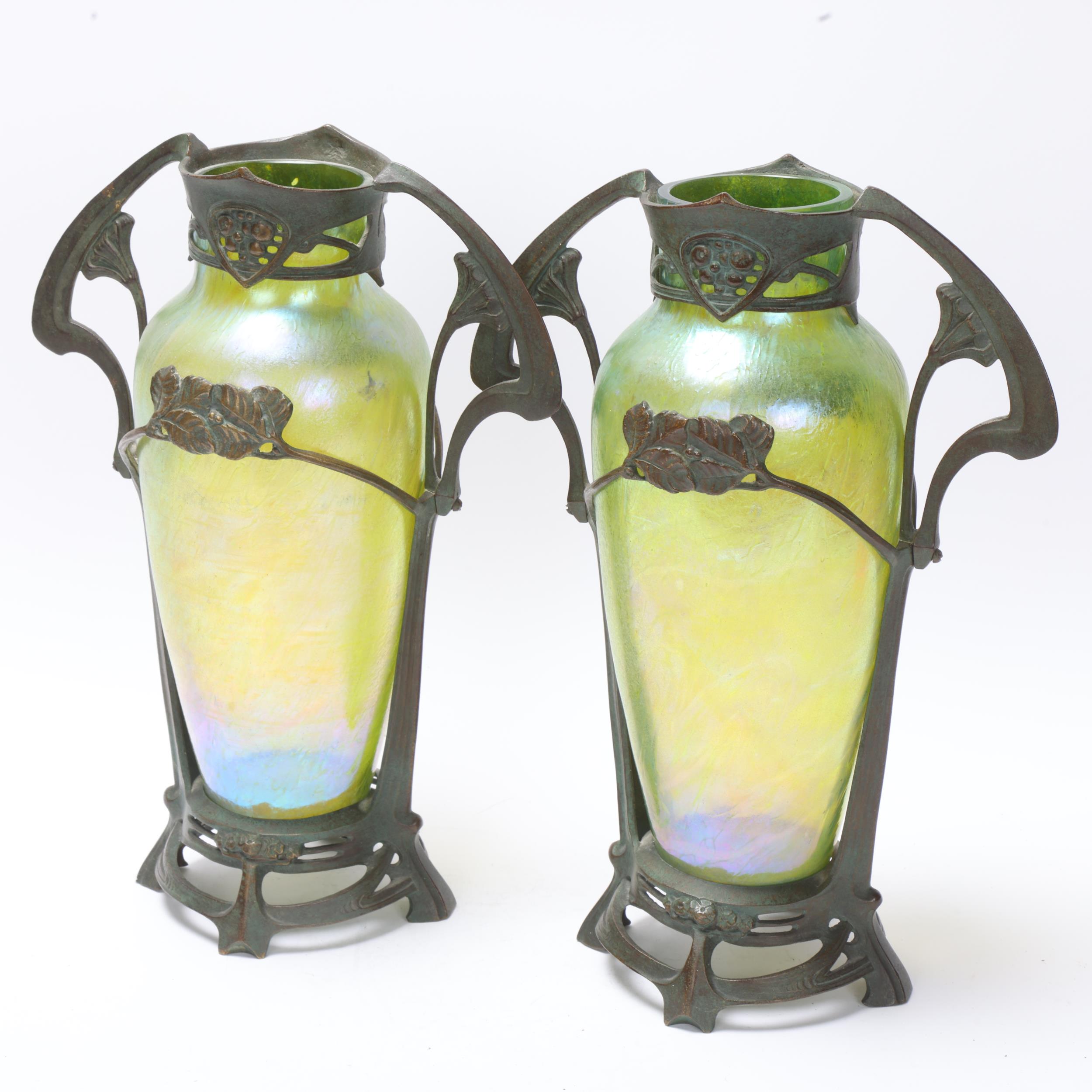 Pair of Loetz Art Nouveau patinated bronze and iridescent glass vases, height 28.5cm Good original - Image 3 of 3