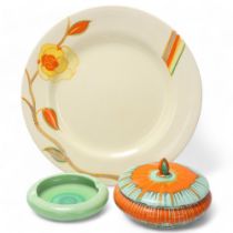 Clarice Cliff Yellow Rose dinner plate, diameter 25cm, Shelley drip glaze bowl and cover, diameter
