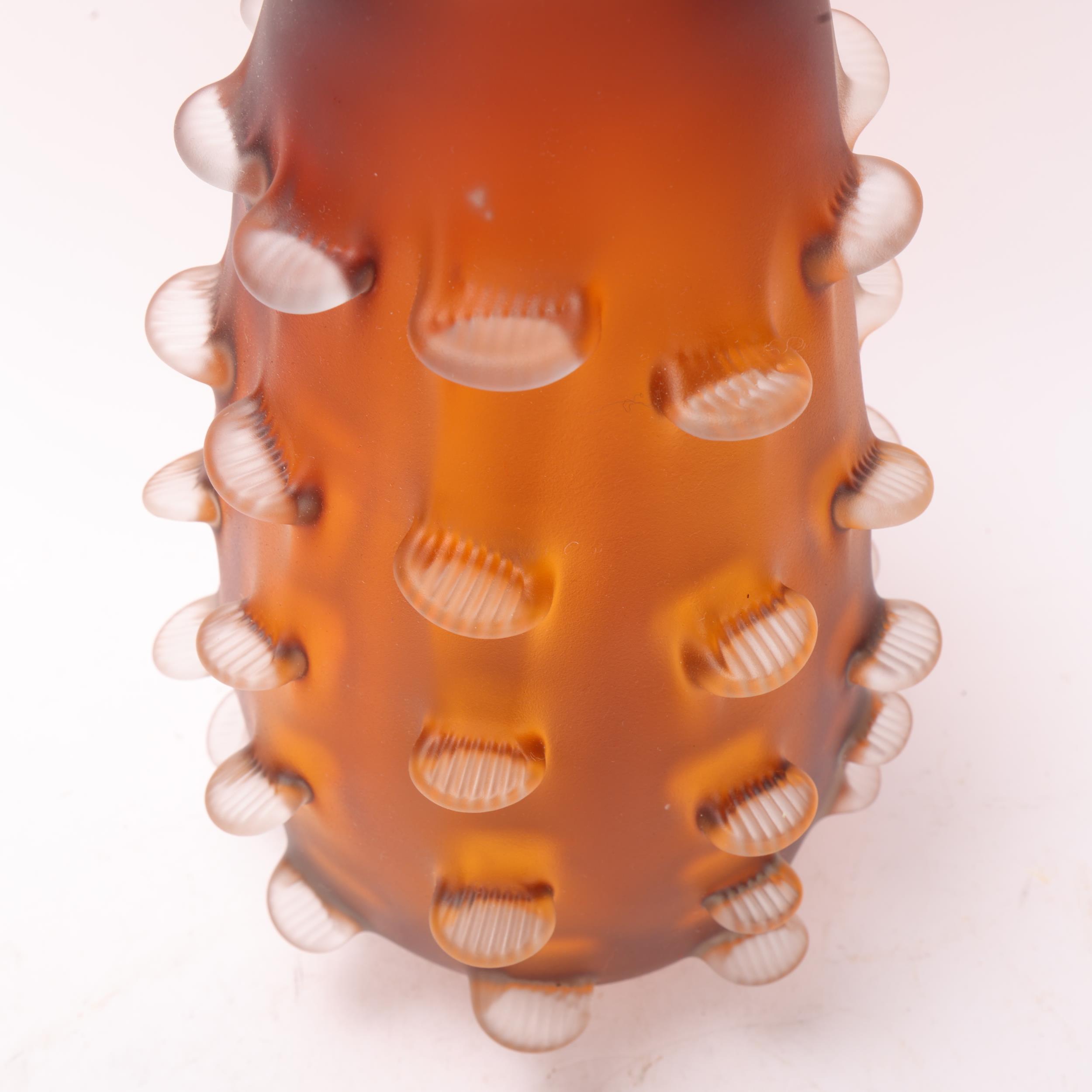 A heavy walled etched amber glass vase with pinched fin decoration, no makers marks, height 30cm - Image 2 of 3
