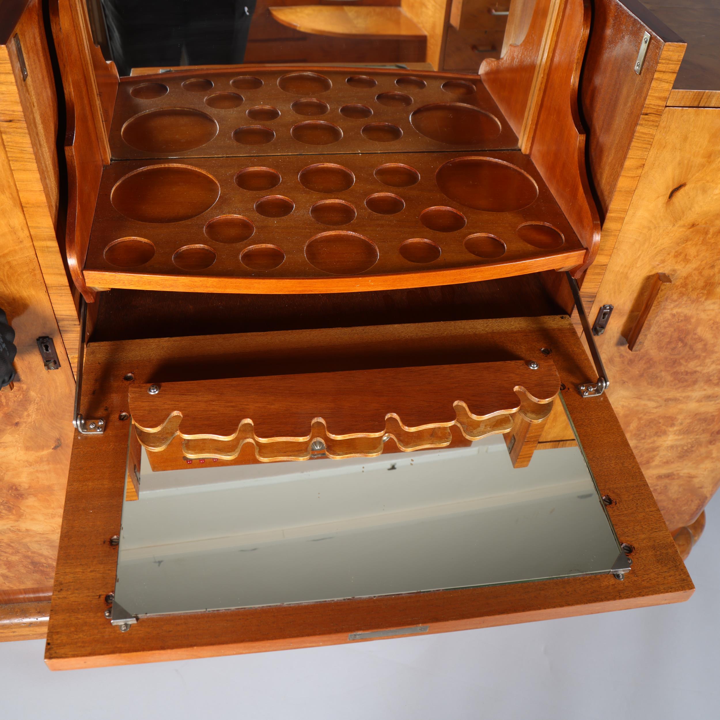 Art Deco burr-walnut cocktail cabinet, circa 1920s, central cocktail fall-front with rising top - Image 4 of 13