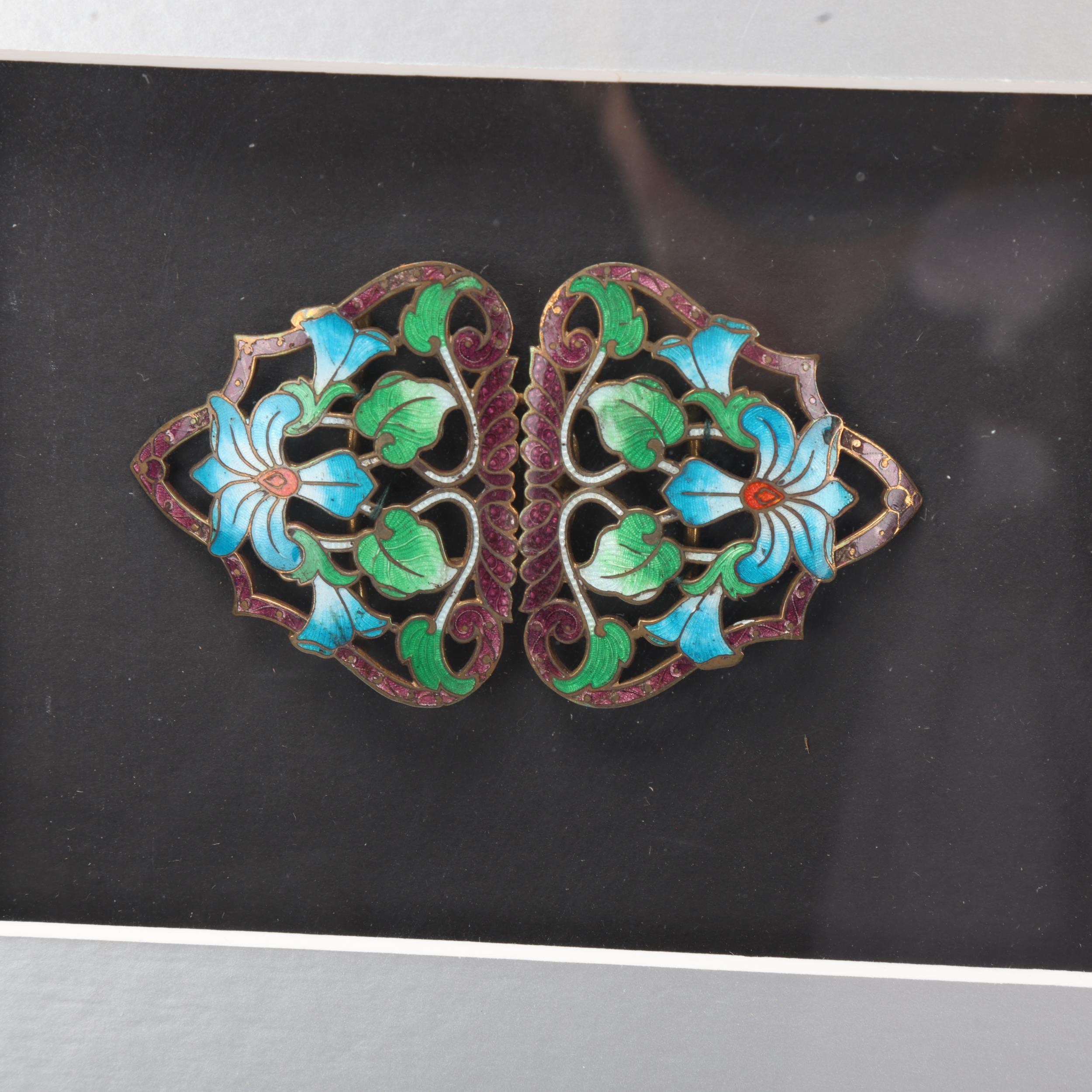 3 Art Nouveau enamelled and gem set buckles, mounted in good quality modern frame, overall frame - Image 2 of 3