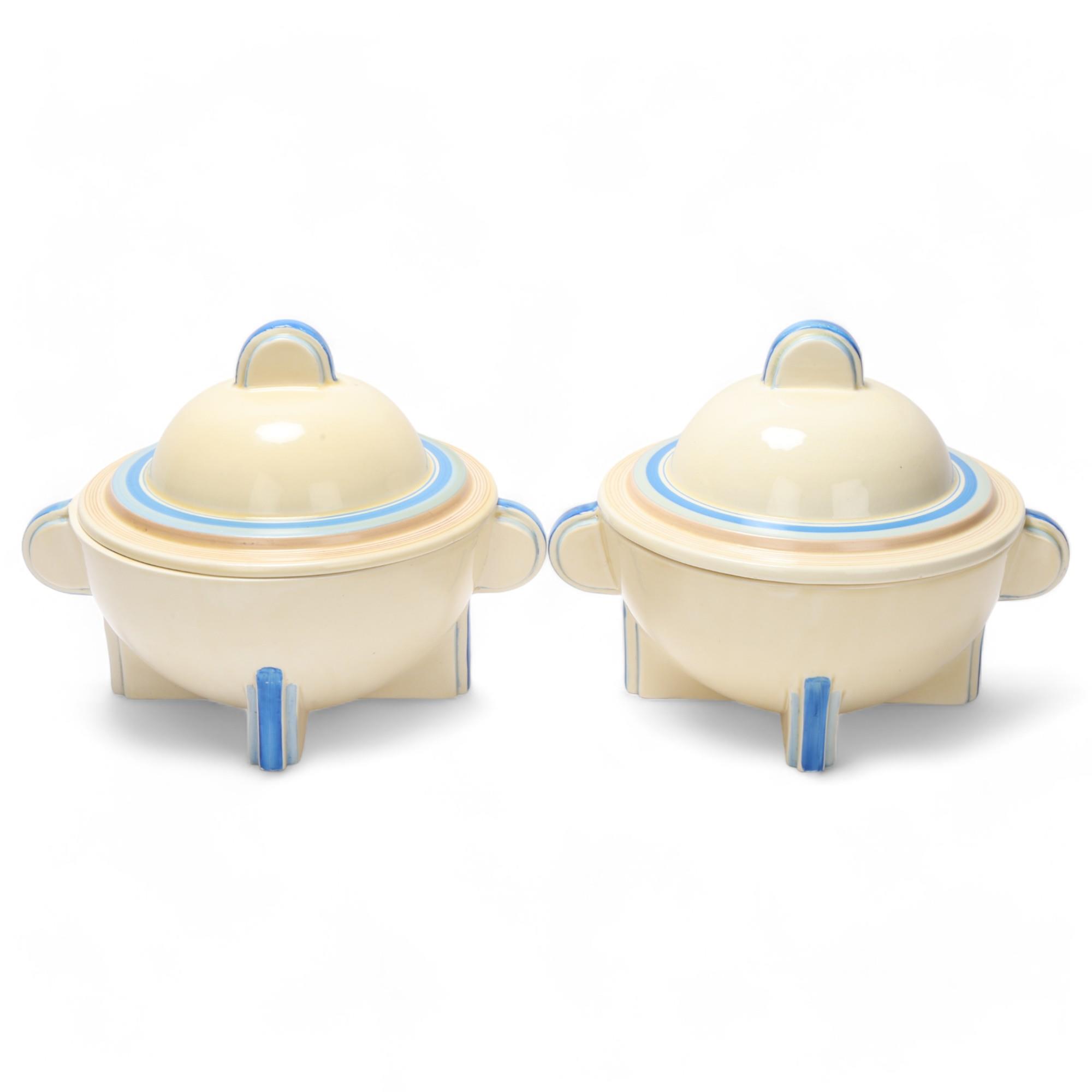 Clarice Cliff Bizarre, pair of 2-handled tureens, circa 1932, with blue-banded decoration, height