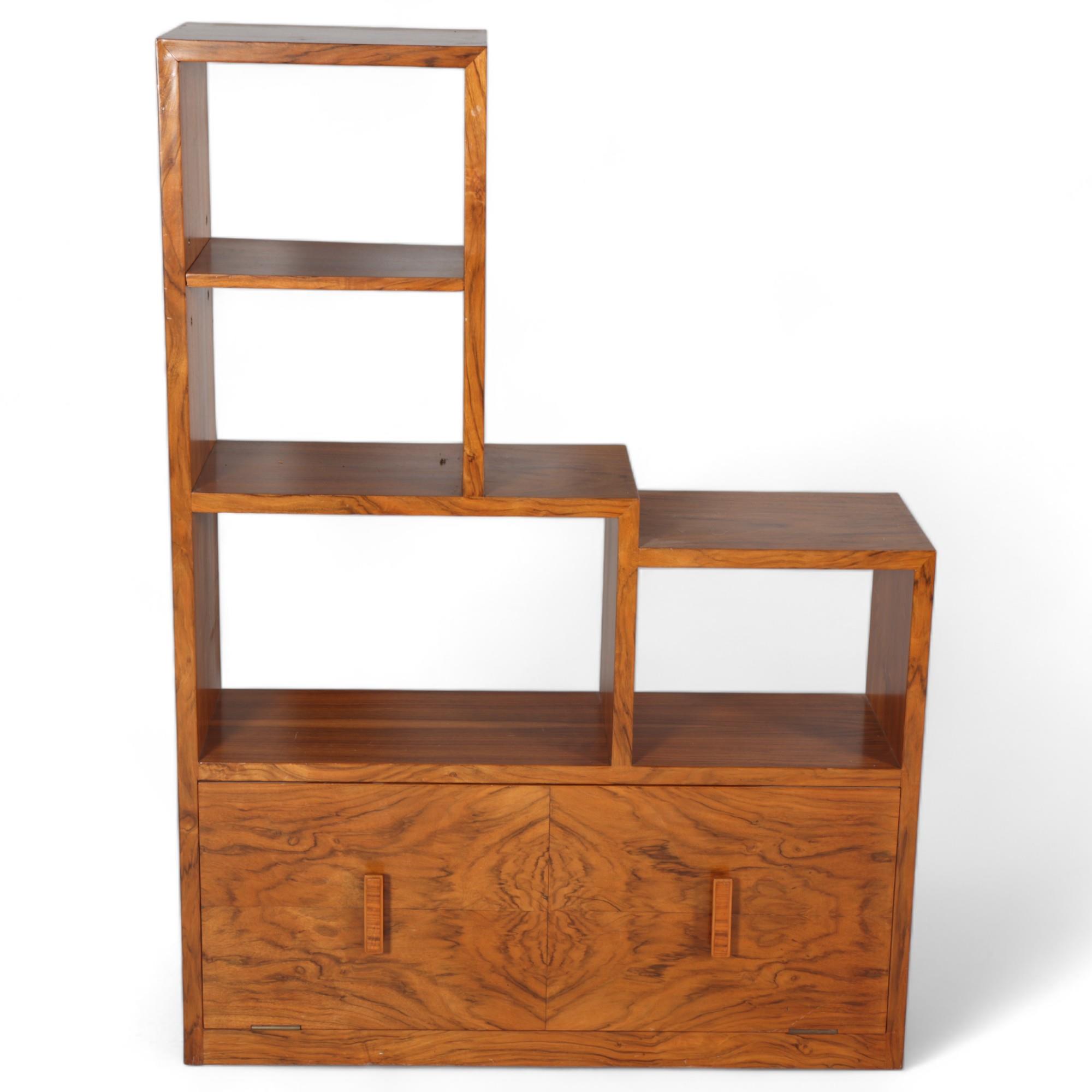 Art Deco walnut stepped open bookcase with drop-front cupboard below, width 77cm, height 107cm