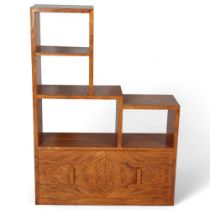 Art Deco walnut stepped open bookcase with drop-front cupboard below, width 77cm, height 107cm