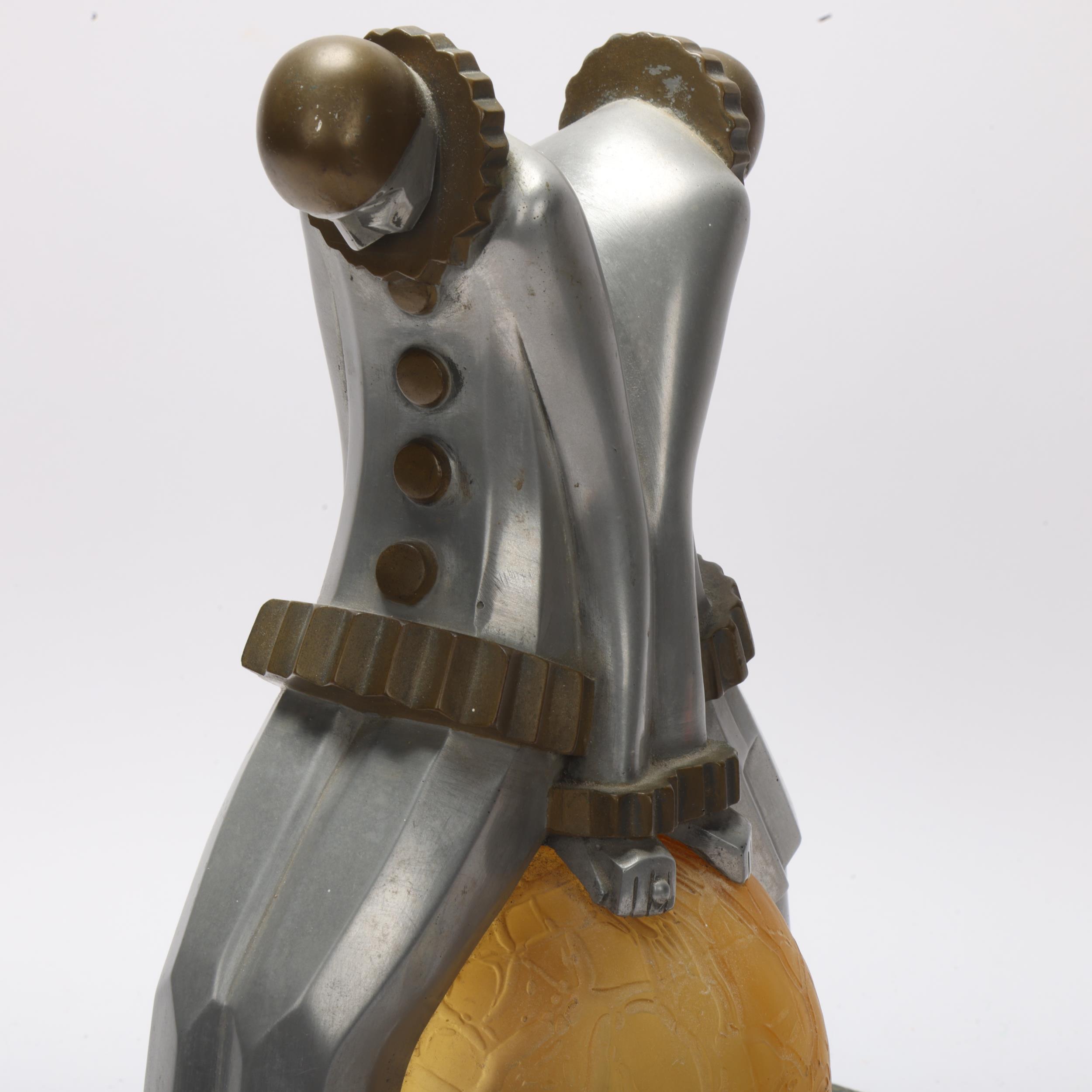 Art Deco aluminium and brass Pierrot clown design table lamp, with amber glass ball shade and marble - Image 3 of 3