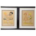 Pair of French Art Deco hand coloured lithographs, image 31cm x 24cm, overall frame dimensions