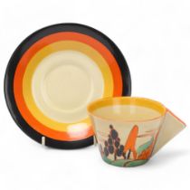 Clarice Cliff Orange Trees And House cup and saucer, circa 1931, saucer diameter 17cm Good