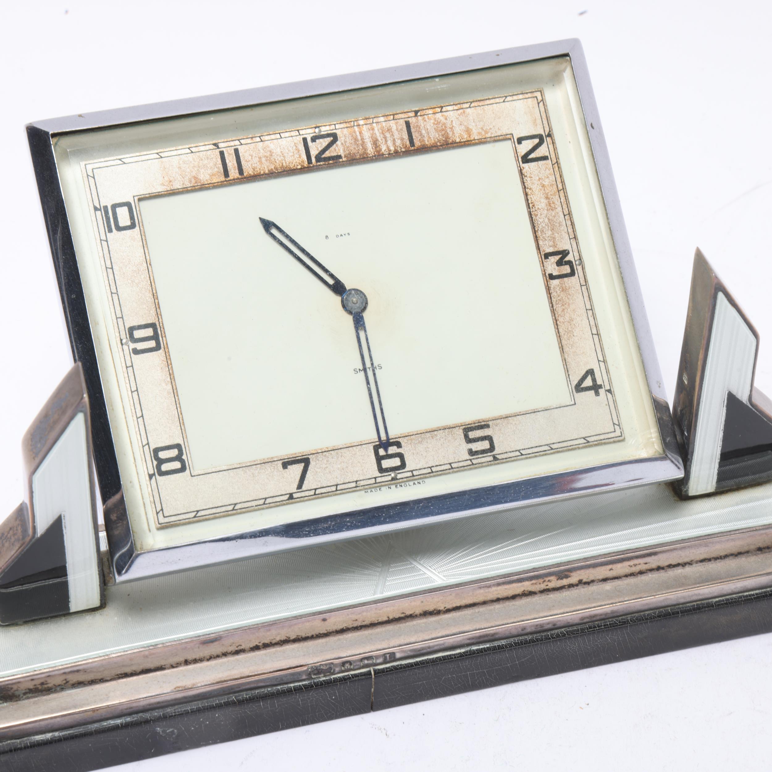 Smiths Art Deco silver black and white enamel and chrome cased mantel clock, 8-day movement with - Image 3 of 3