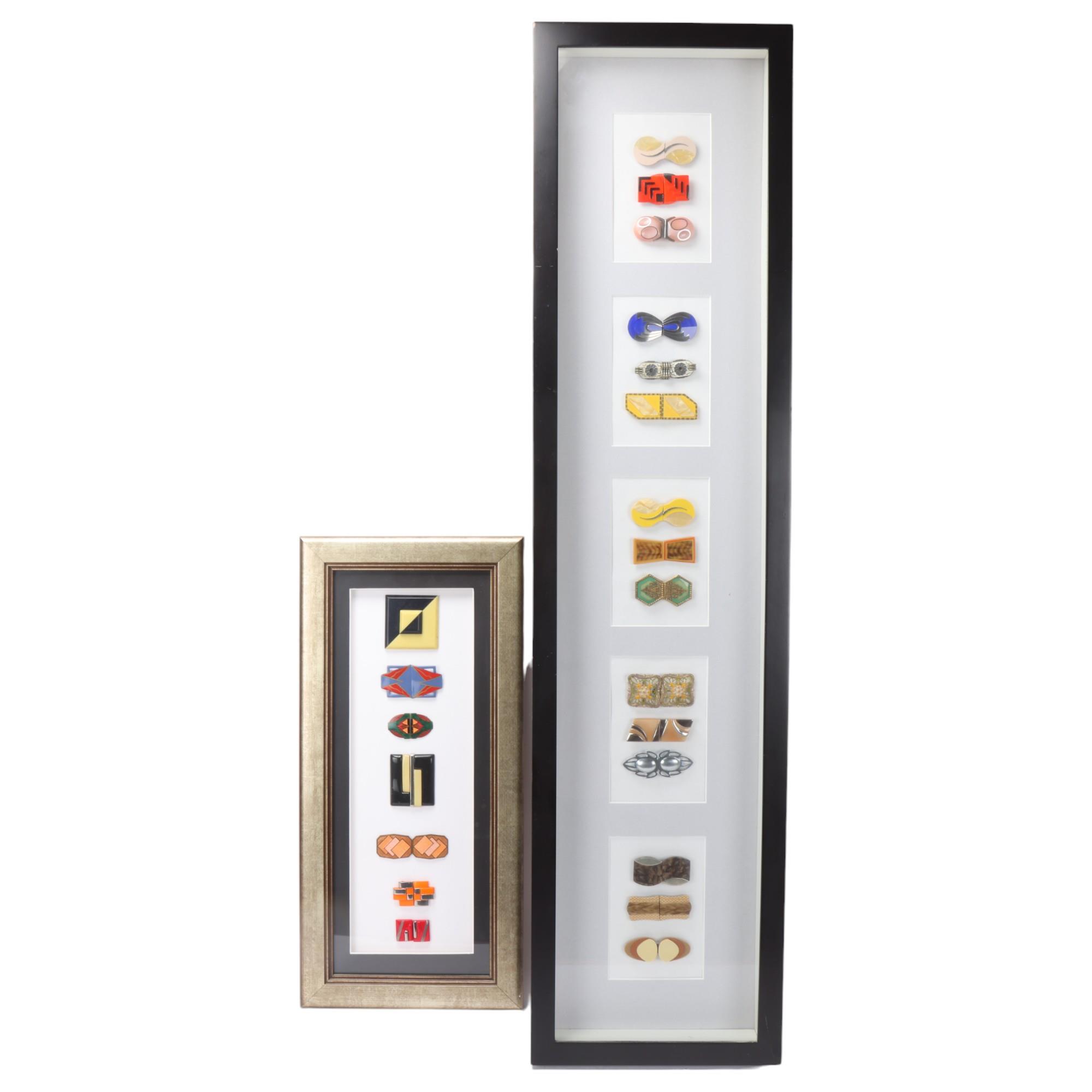 A collection of Art Deco Bakelite and metal buckles, mounted in 2 good quality modern frames,