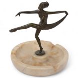 Art Deco bronze patinated spelter and alabaster ashtray surmounted by an erotic dancer, height