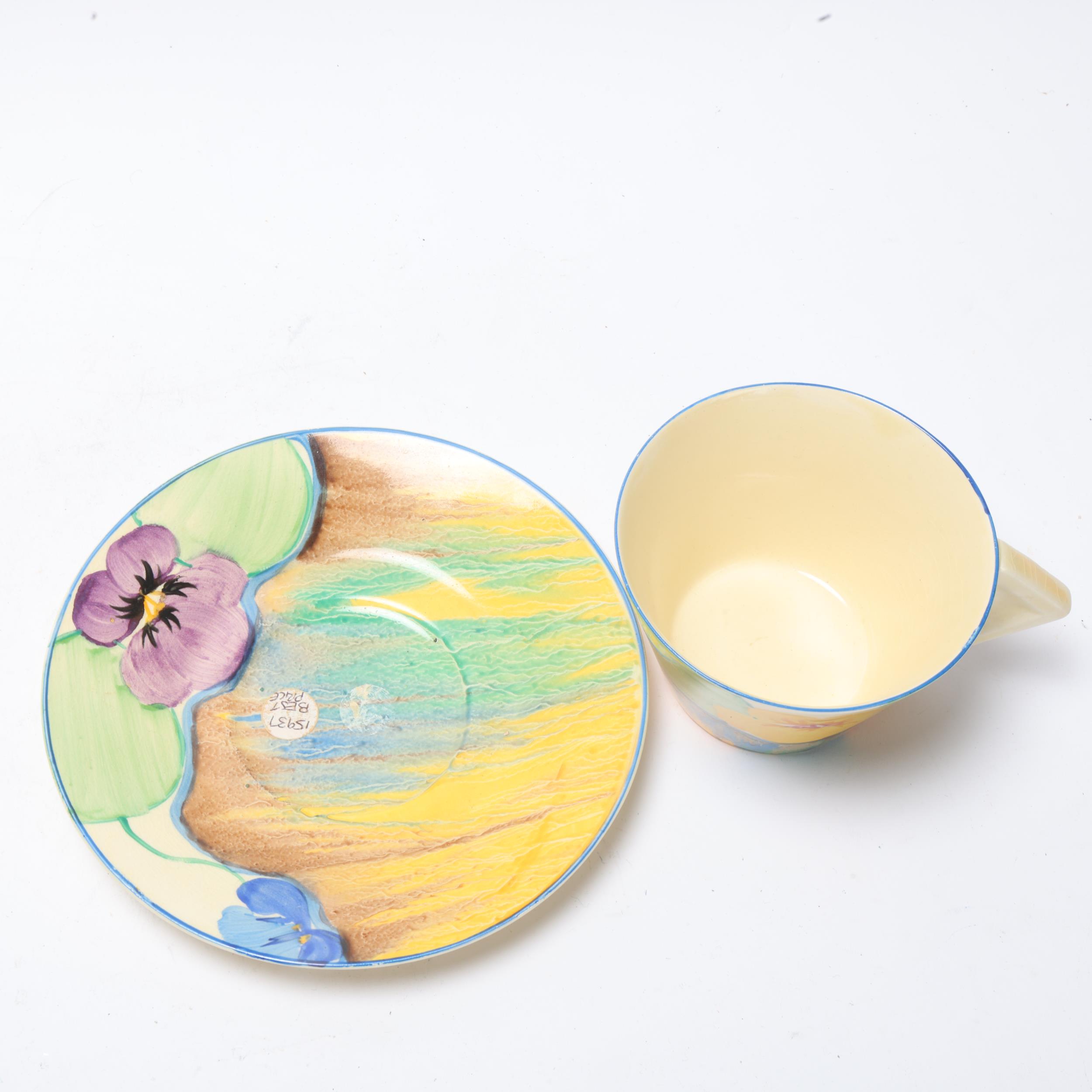 Clarice Cliff Delicia Pansies cup and saucer, saucer diameter 14.5cm Good condition, no chips cracks - Image 3 of 3