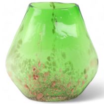 A hand blown green glass pebble vase, with gilt leaf surface decoration, no makers marks, height