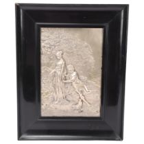 Art Nouveau silver plate on copper relief plaque, depicting lovers in a woodland, overall frame
