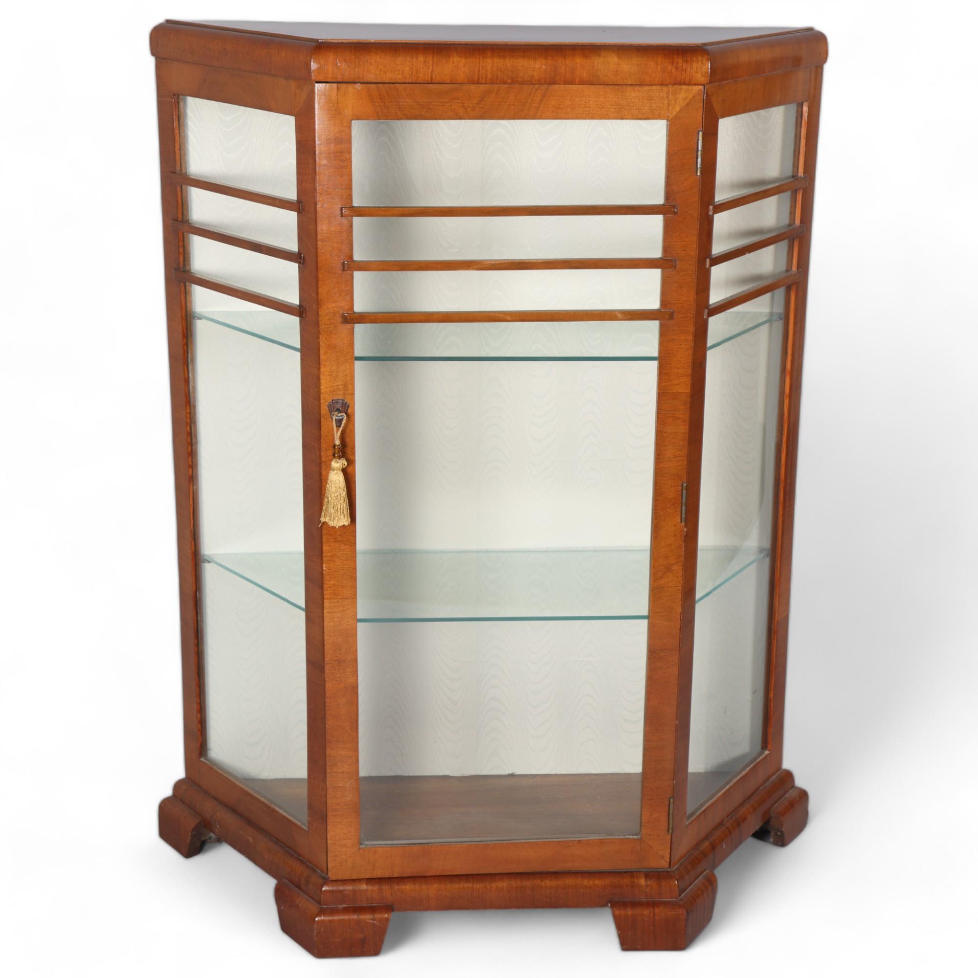 Art Deco walnut display cabinet, width 89cm, height 119cm