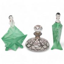 Bavarian porcelain triangular-shaped dressing table box and cover, and matching perfume bottle and