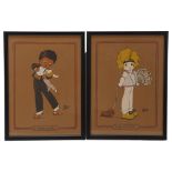 Pair of French Art Deco pochoir nursery prints by Sky, overall frame dimensions 29cm x 21cm Good