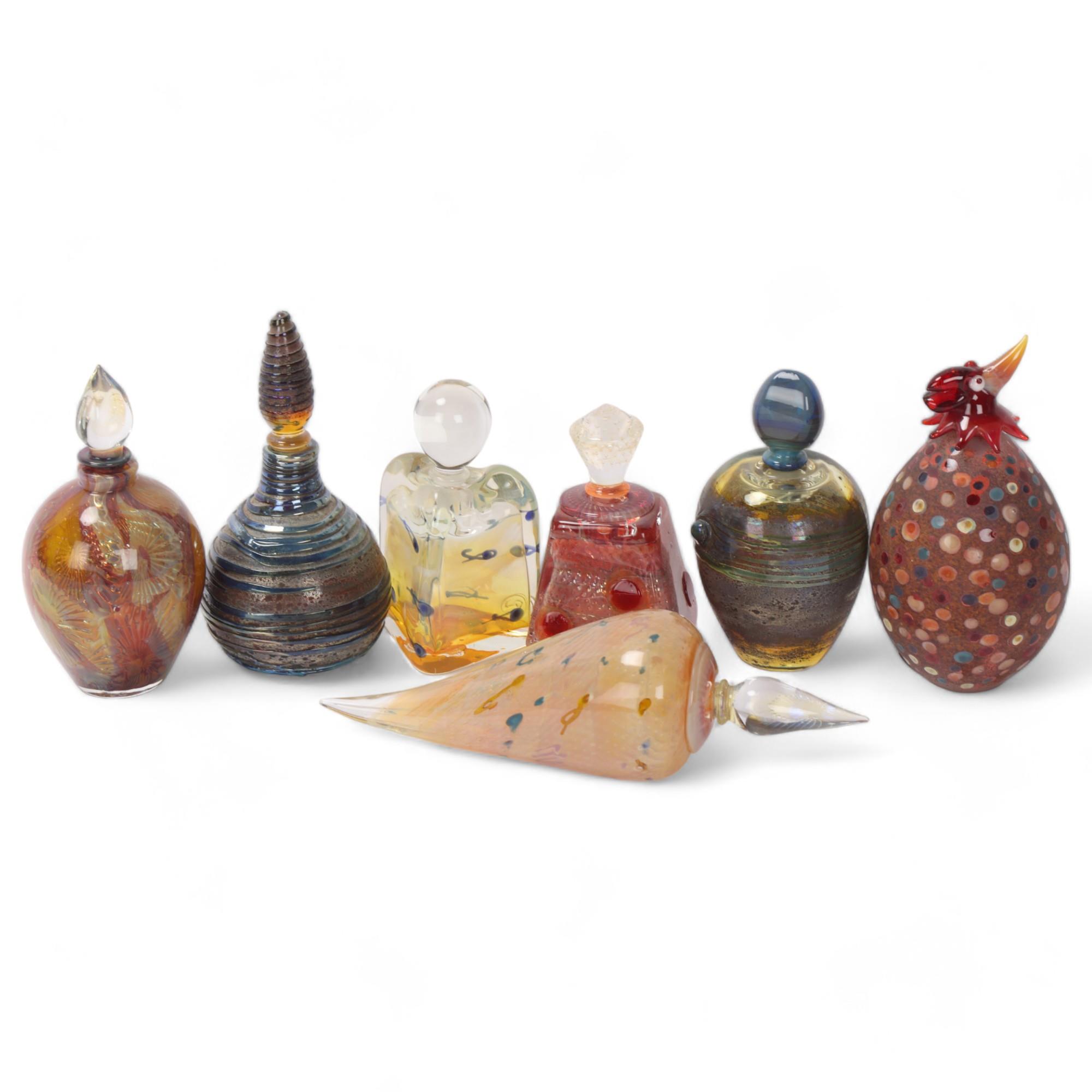 RICHARD CLEMENTS studio glass, 7 scent bottles with stoppers, most with gallery labels to base,