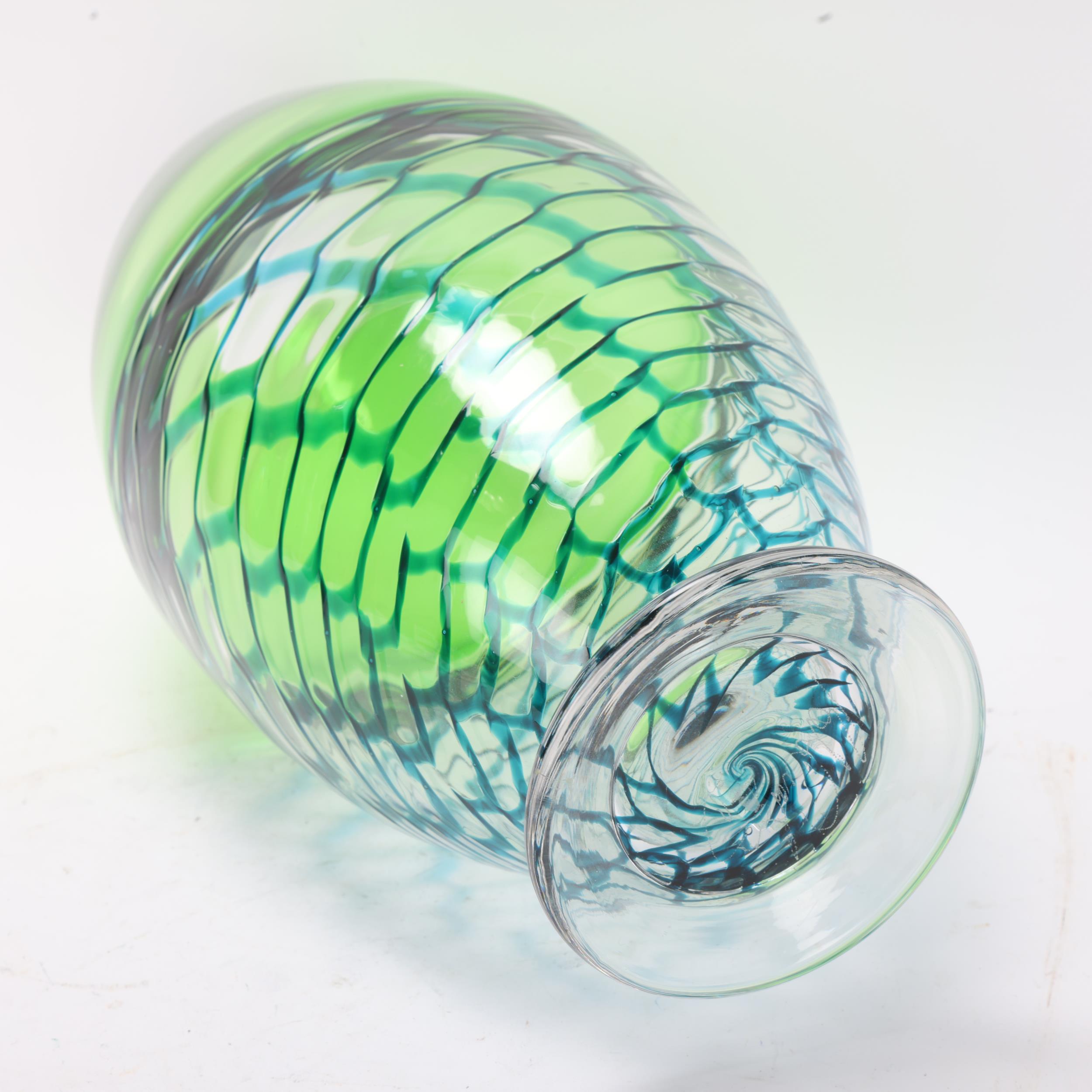 BOB CROOKS, a large footed studio glass vase, with green and turquoise lattice work body, signed - Image 2 of 3