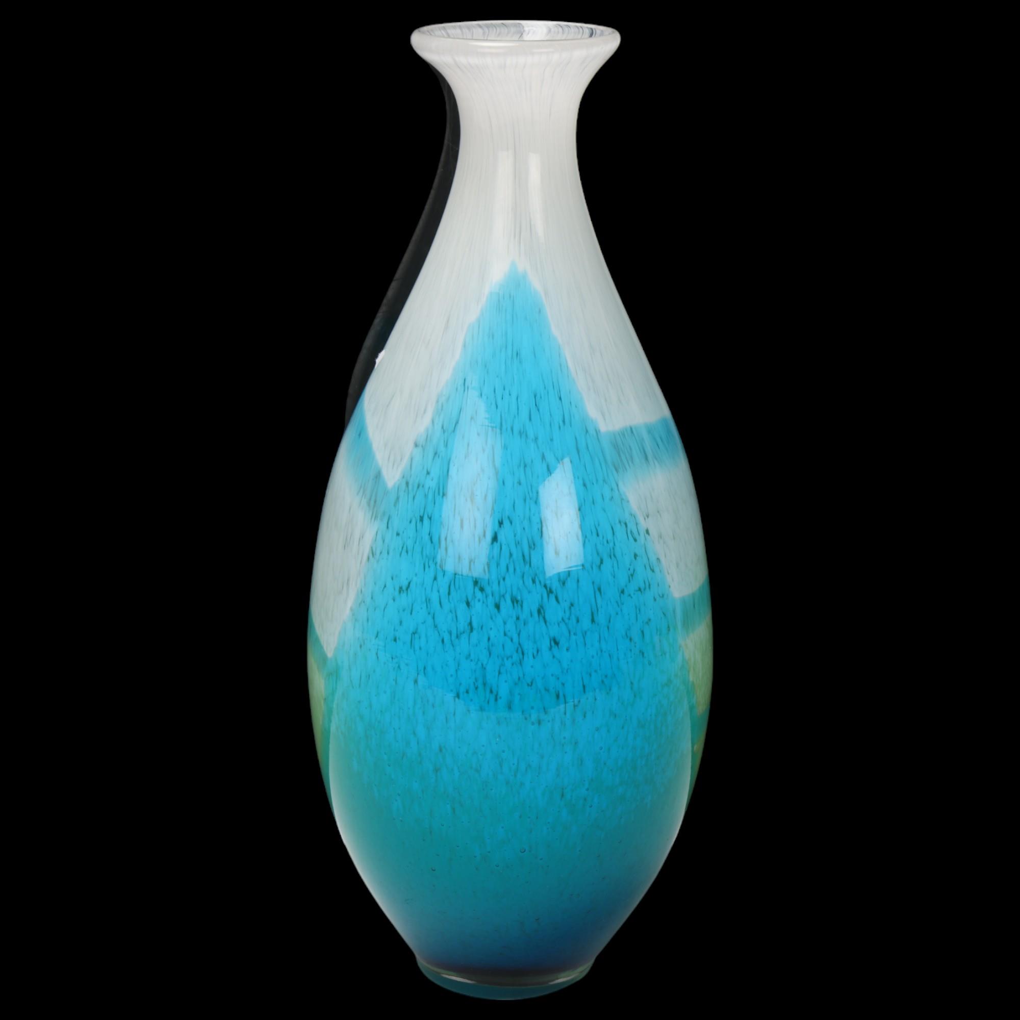 A hand blown blue/green glass vase, with polished pontil to base, no makers marks, height 28cm