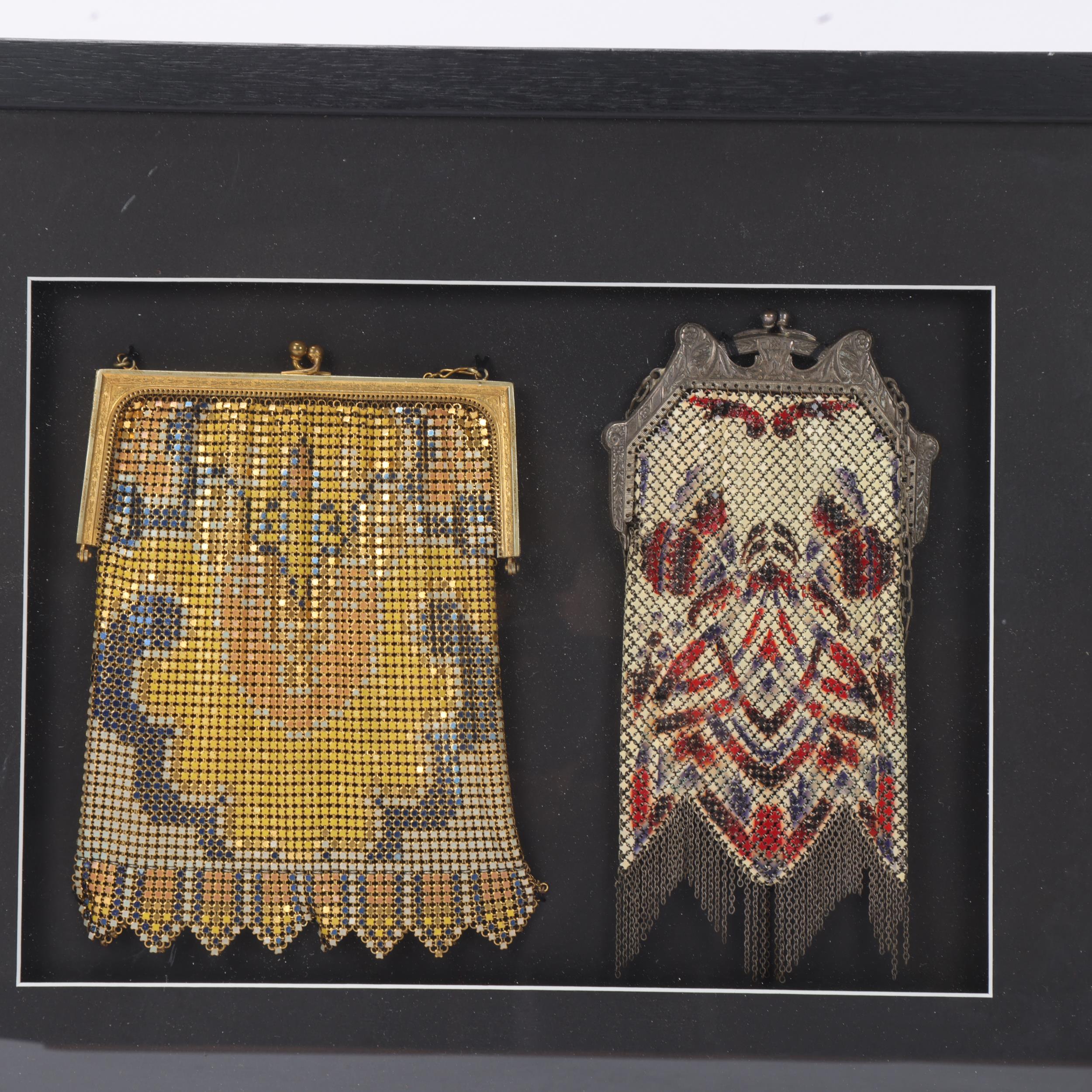 2 Art Deco enamelled and coloured mesh evening bags, mounted in good quality modern frame, overall - Image 2 of 3