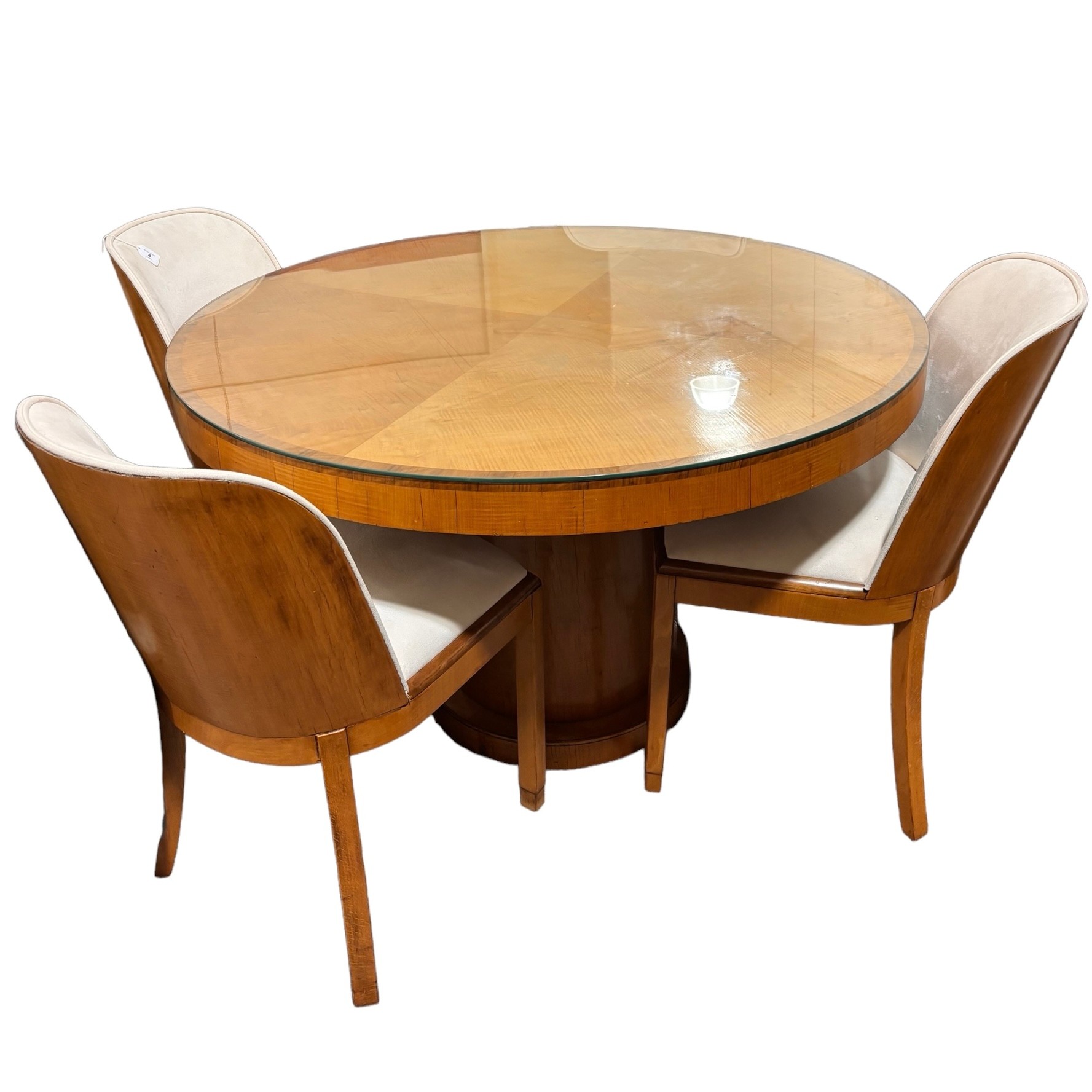 Art Deco satinwood and walnut dining suite, comprising circular table on drum-shaped base, - Image 10 of 10
