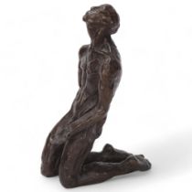 MAUREEN LANGLEY (b.1931), a bronze figure of a kneeling man on a marble base, signed ML 3/6,