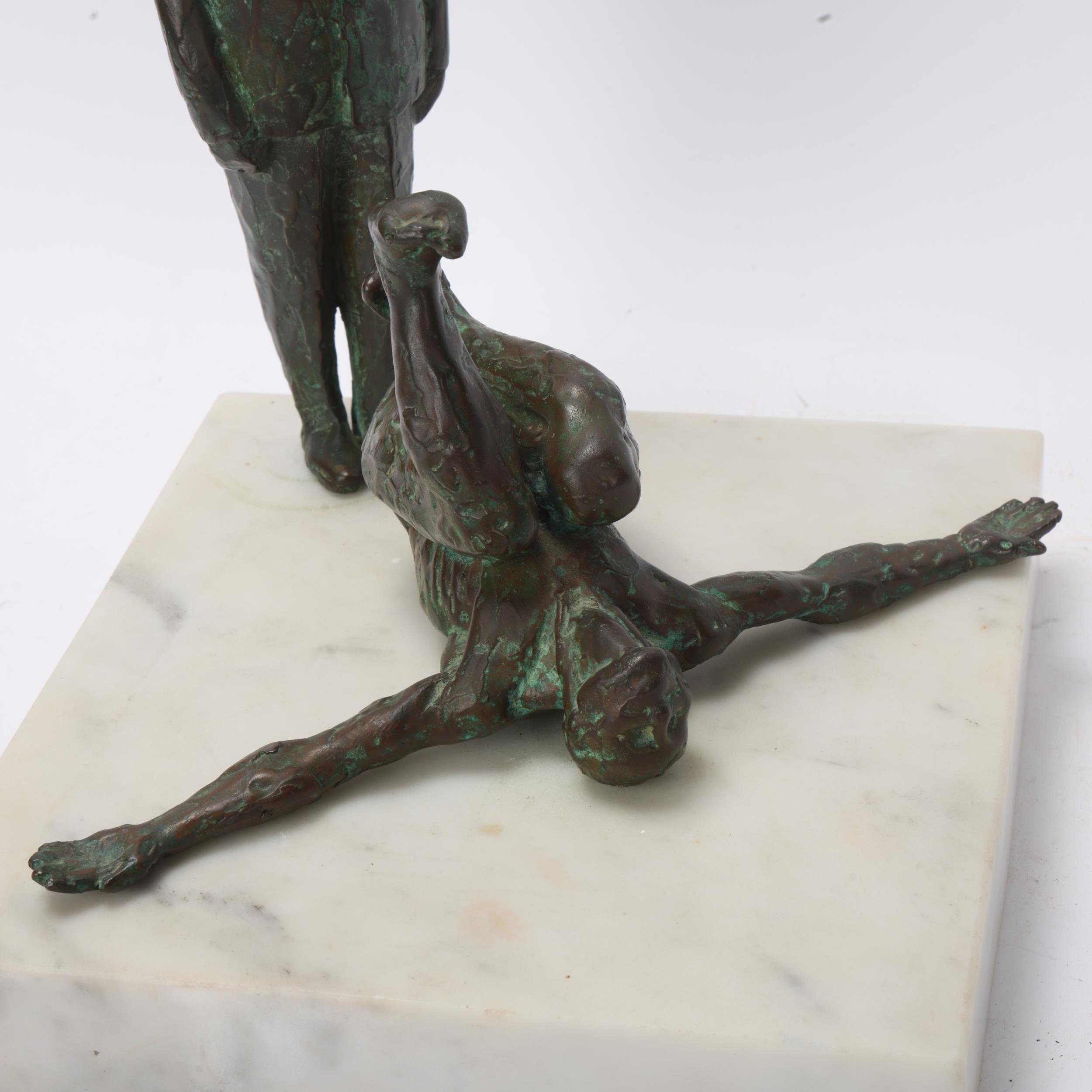 MAUREEN LANGLEY (b.1931), a bronze figure of a man prostrate in front of a suited figure on a marble - Image 2 of 3