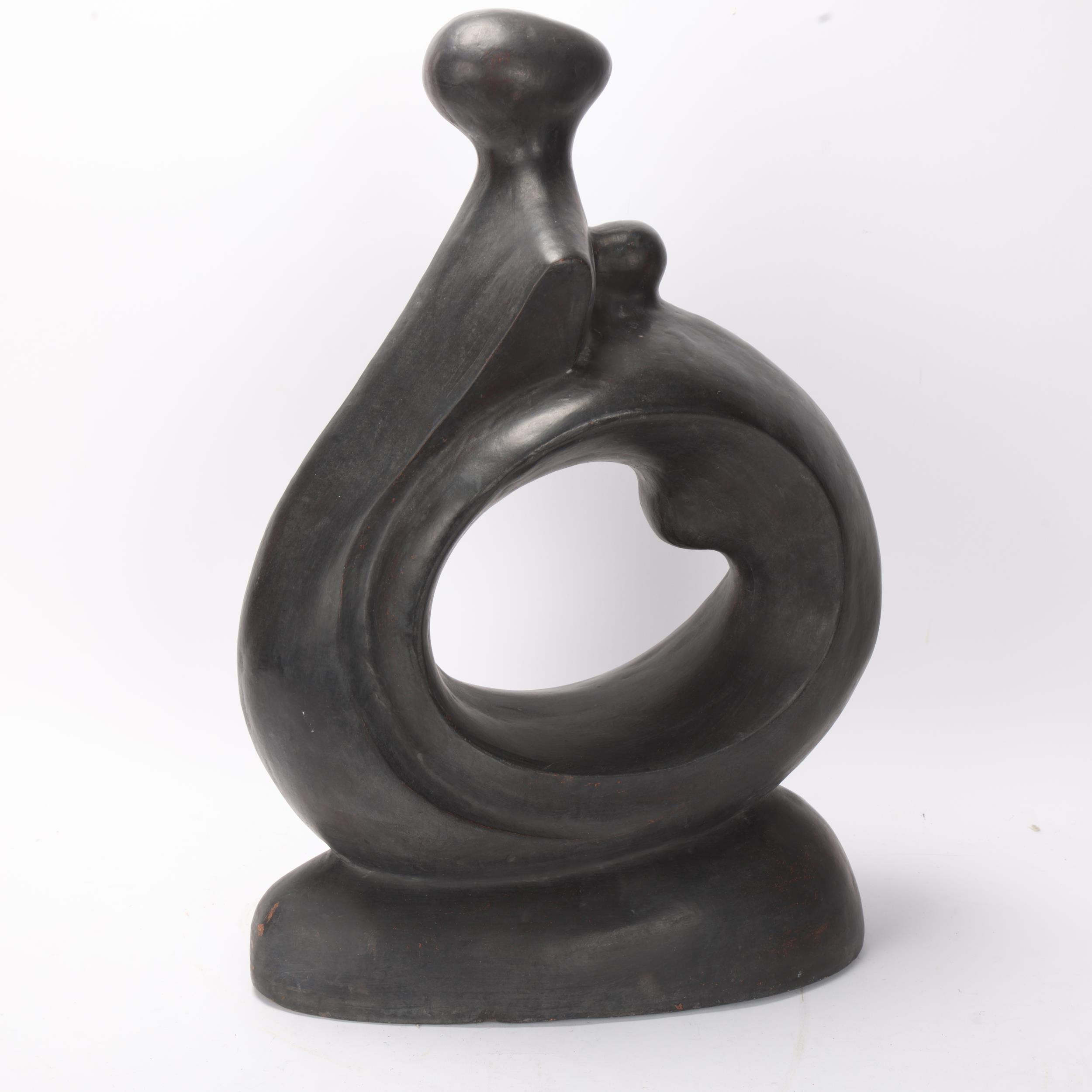 A mid-century modernist sculpture of two figures, burnised bronzed terracotta, marked "E" under - Image 2 of 3